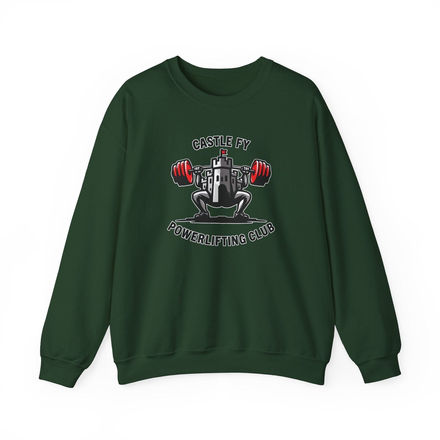 Powerlifting jumper featuring the Castle FY Foundation logo in Forest Green, deep-toned and warm.