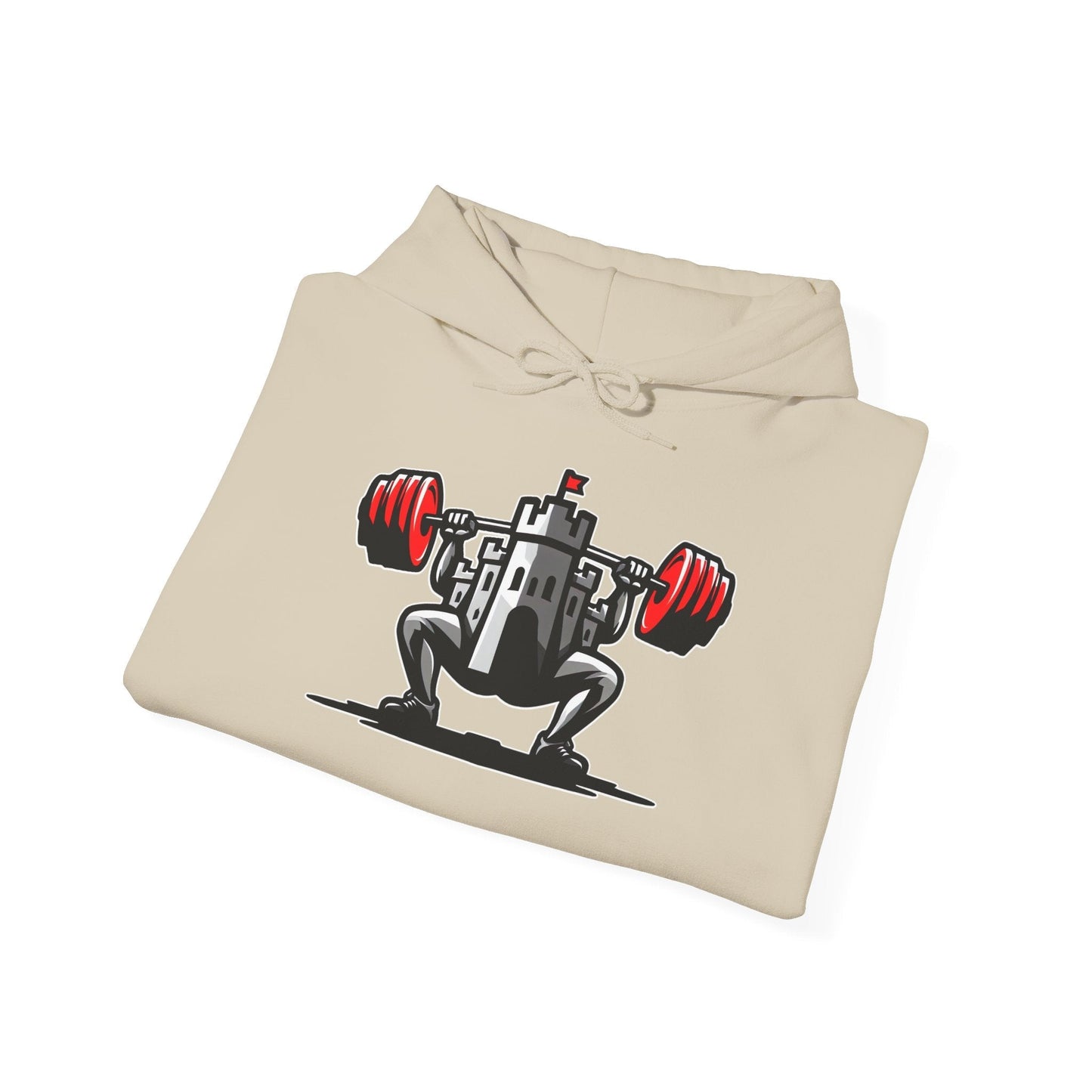 Powerlifting hoodie featuring the Castle FY Iconic logo in Sand, solid under pressure, calm in a crisis.