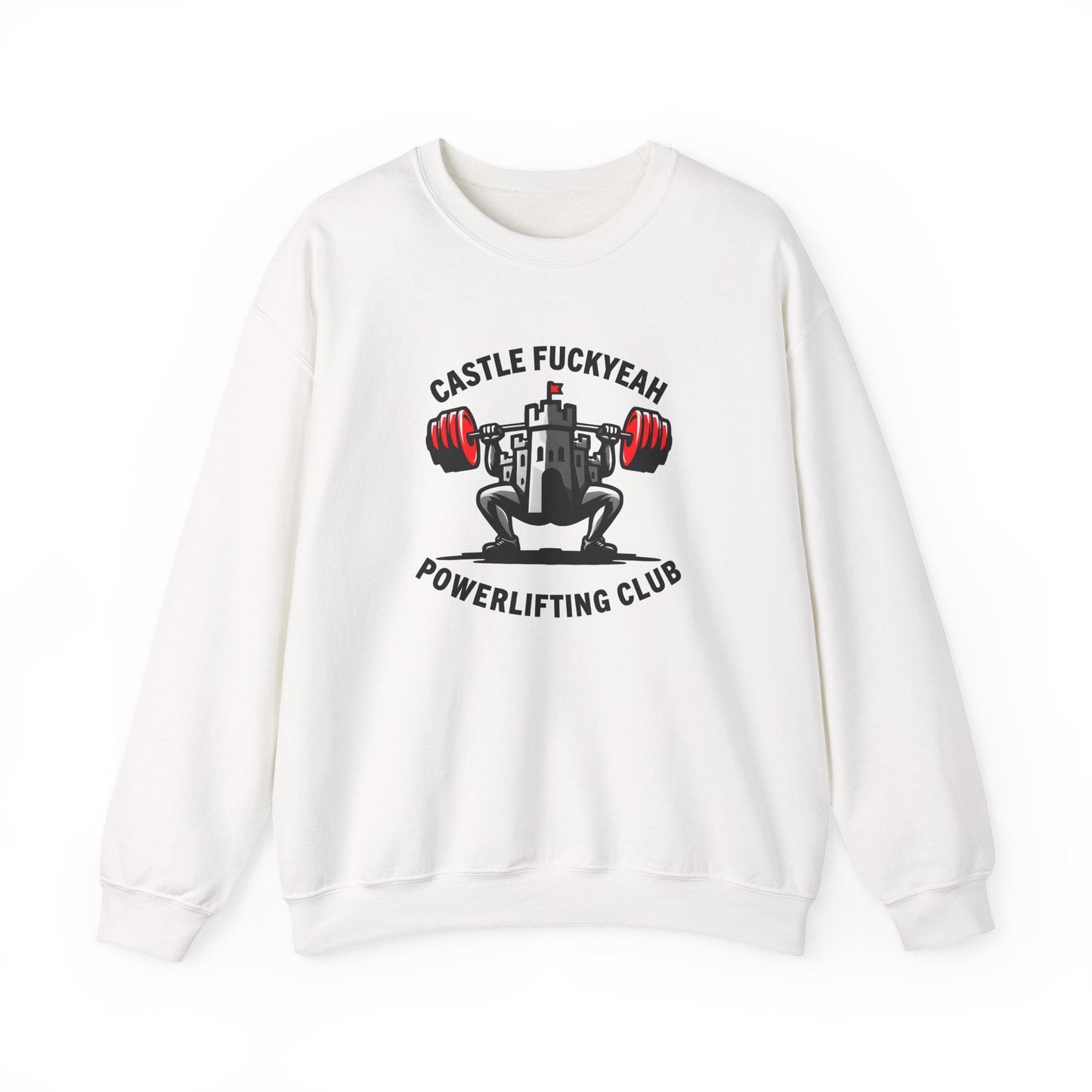 White Castle FY Heritage jumper showing bold front logo for powerlifting culture.
