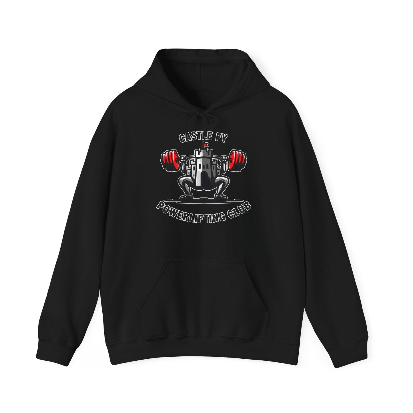 Powerlifting hoodie featuring the Castle FY Foundation logo in Black, perfect for gym sessions or recovery days.