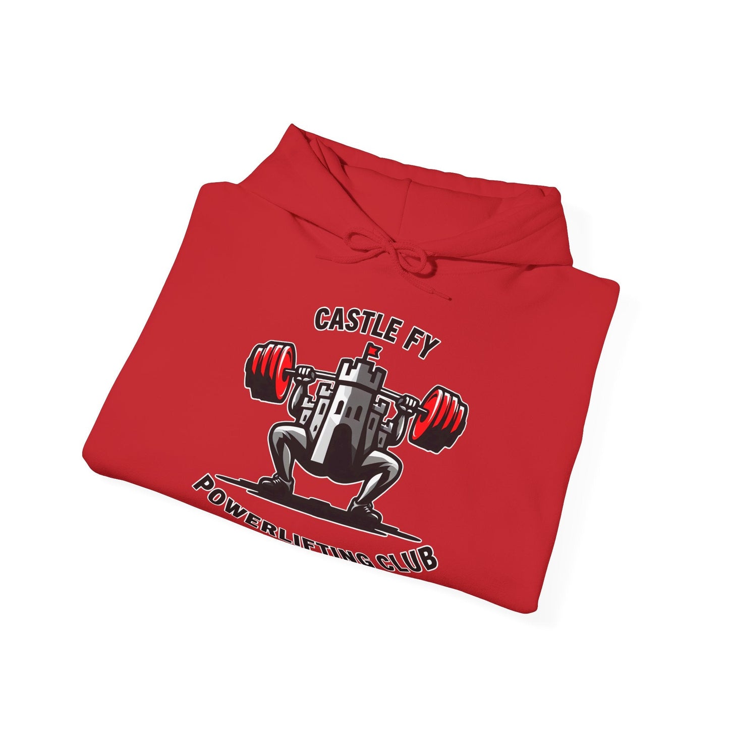 Powerlifting hoodie featuring the Castle FY Foundation logo in Red, bold yet grounded in community strength.