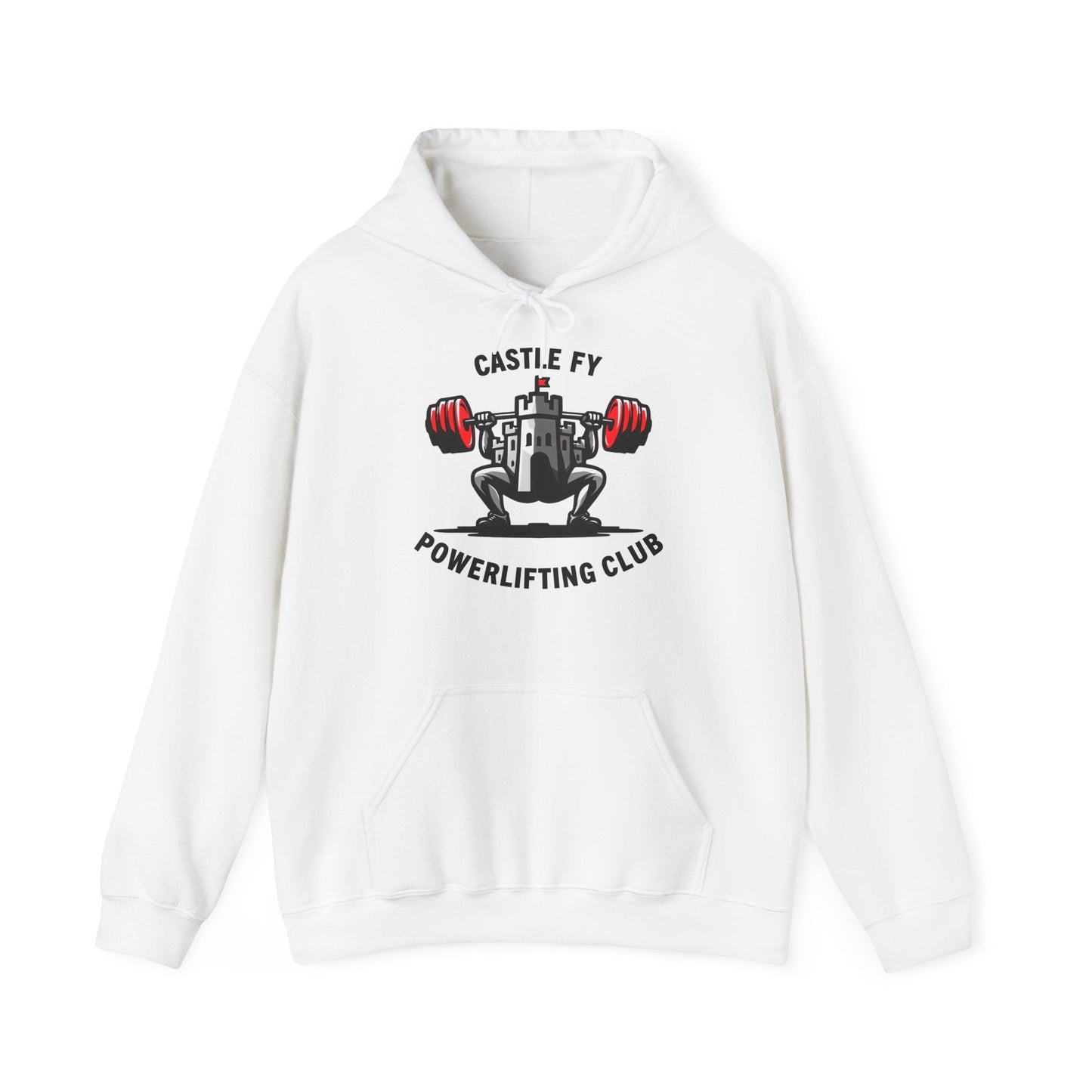 White hoodie with 'Castle FY Powerlifting Club' graphic on a white background