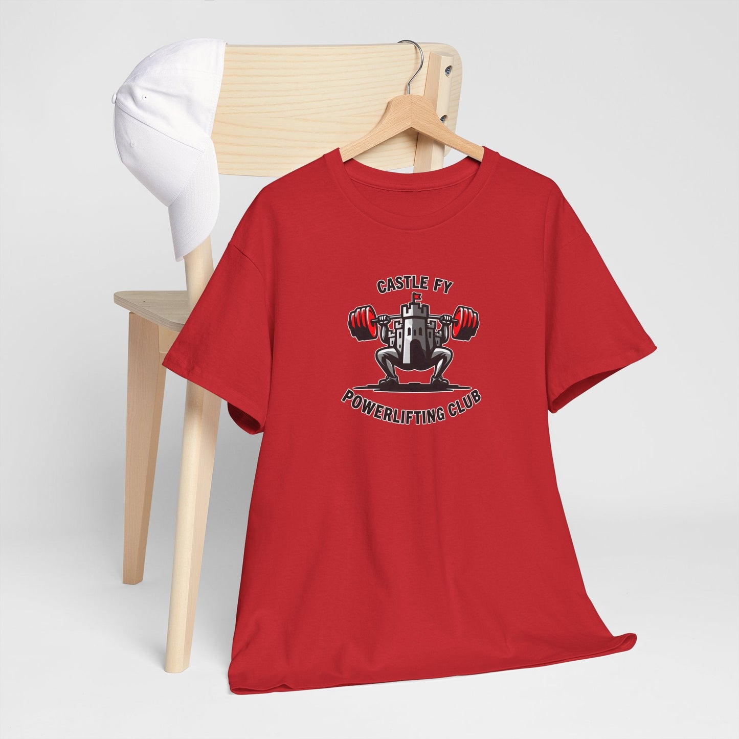 Powerlifting T-shirt featuring the Castle FY Foundation logo in Red, strength training gear that balances bold colour with quiet intent.