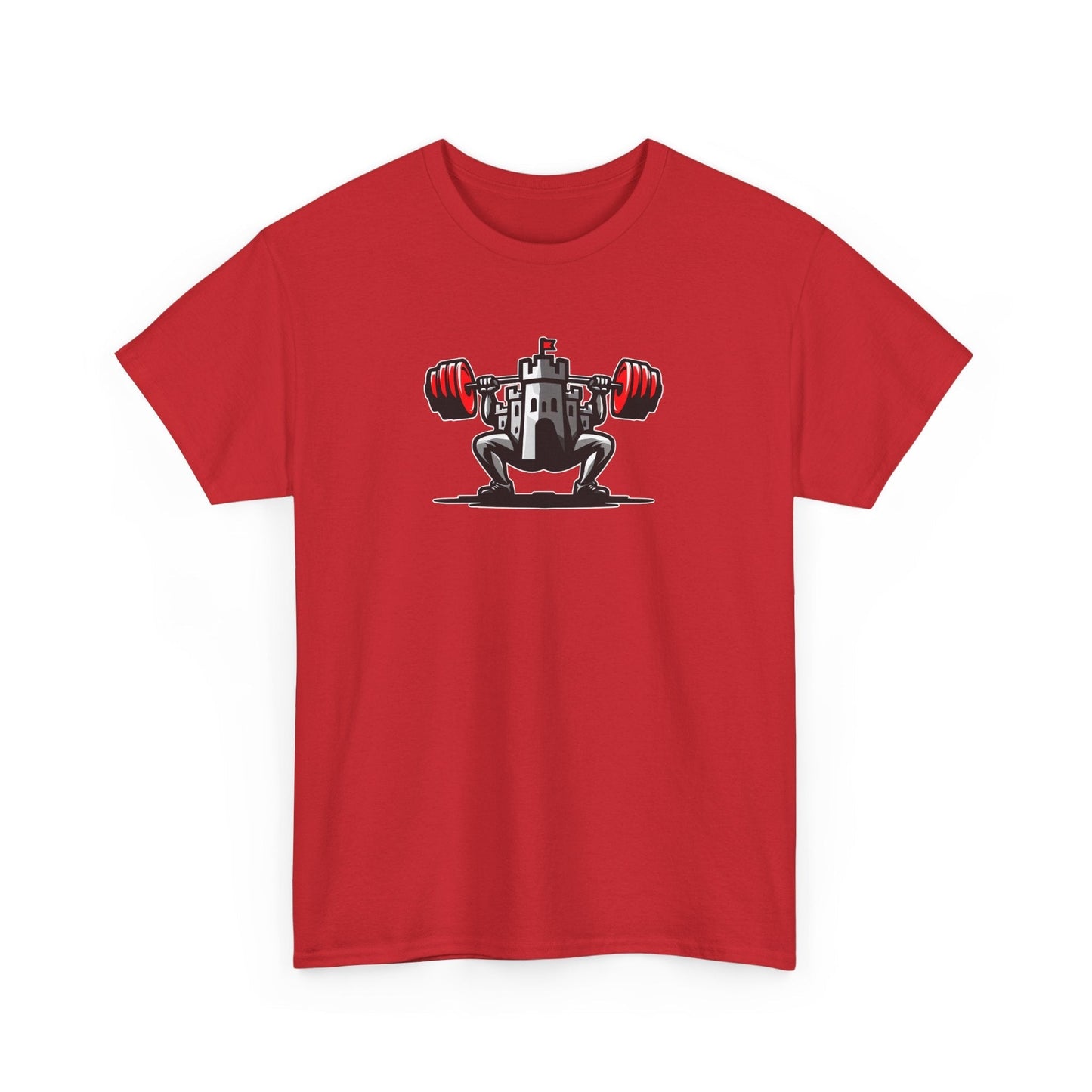 Powerlifting t-shirt featuring the Castle FY Iconic logo in Red, energetic and unapologetic strength apparel.