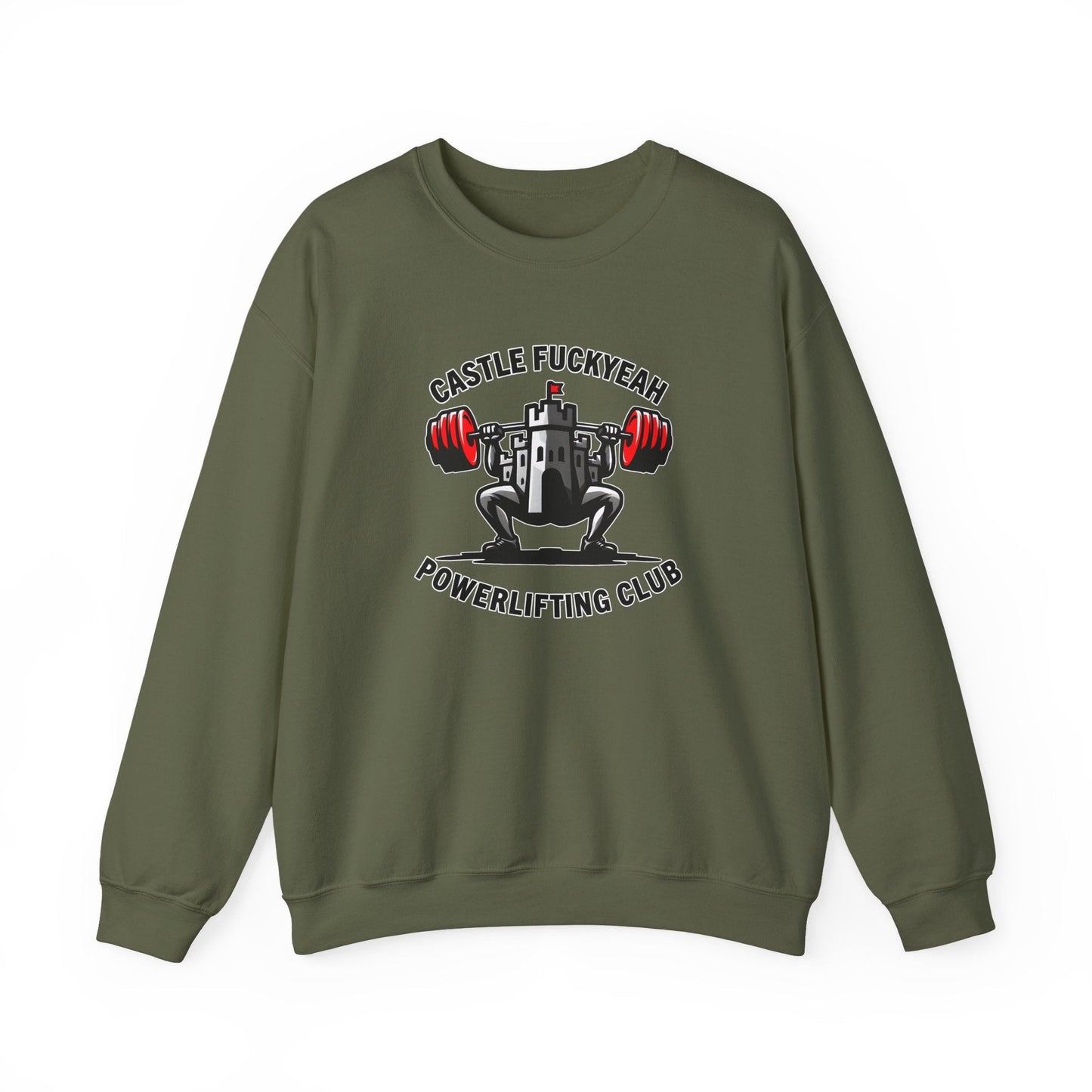 Military Green jumper with Castle FY Heritage front logo, tough and versatile.