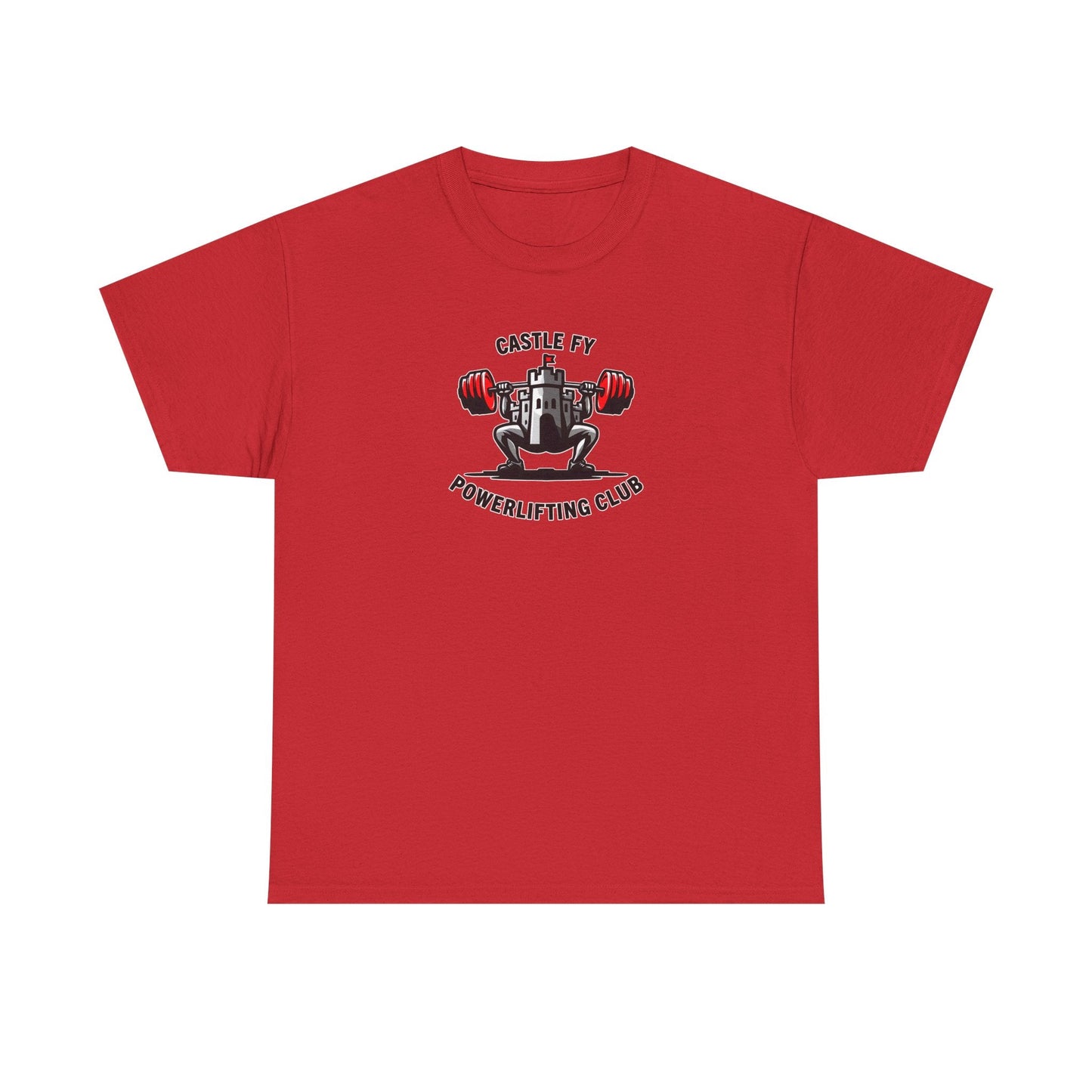 Powerlifting T-shirt with the Castle FY Foundation logo in Red, strength training gear that balances bold colour with quiet intent.