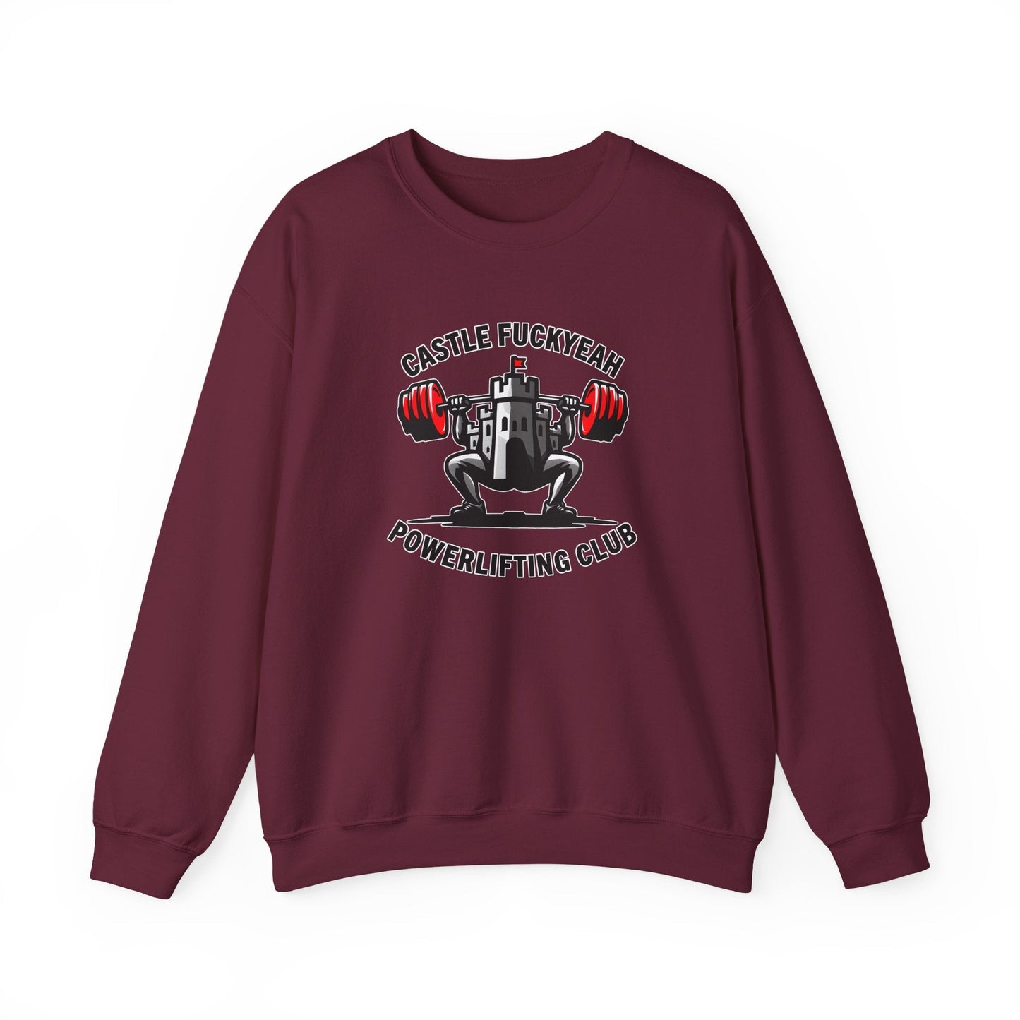 Maroon jumper featuring the Castle FY Heritage front logo for powerlifters.