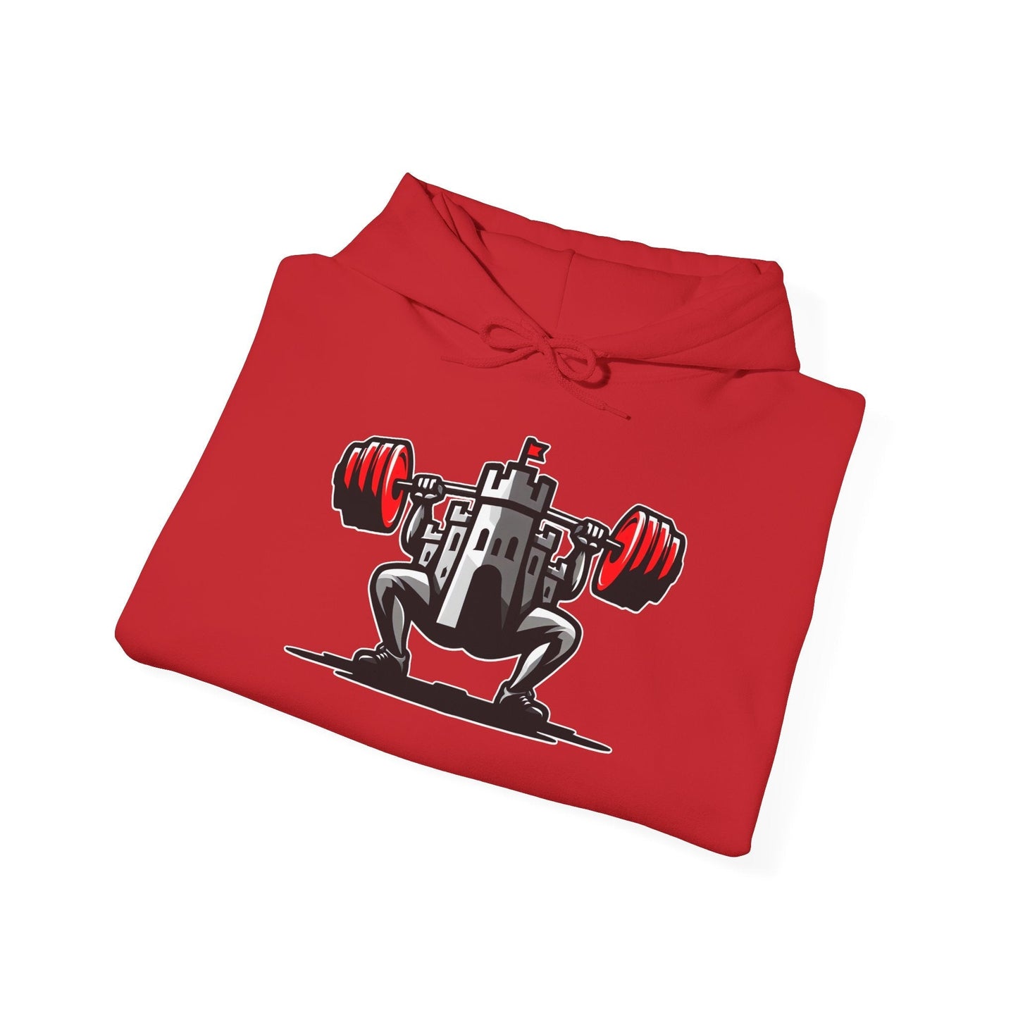 Powerlifting hoodie featuring the Castle FY Iconic logo in Red, bold gym wear for dedicated lifters.