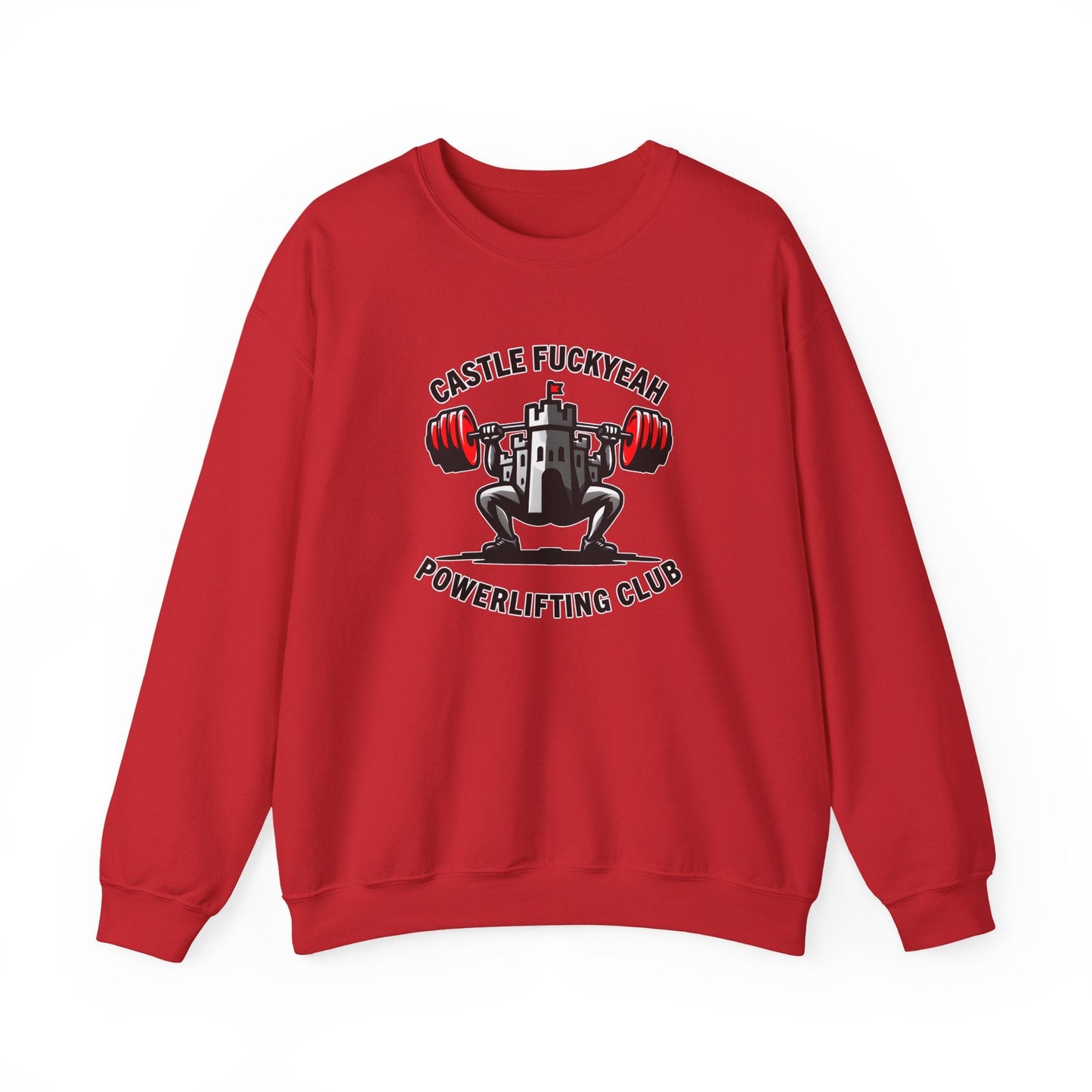 Red Heritage jumper featuring the Castle FY powerlifting logo across the chest.