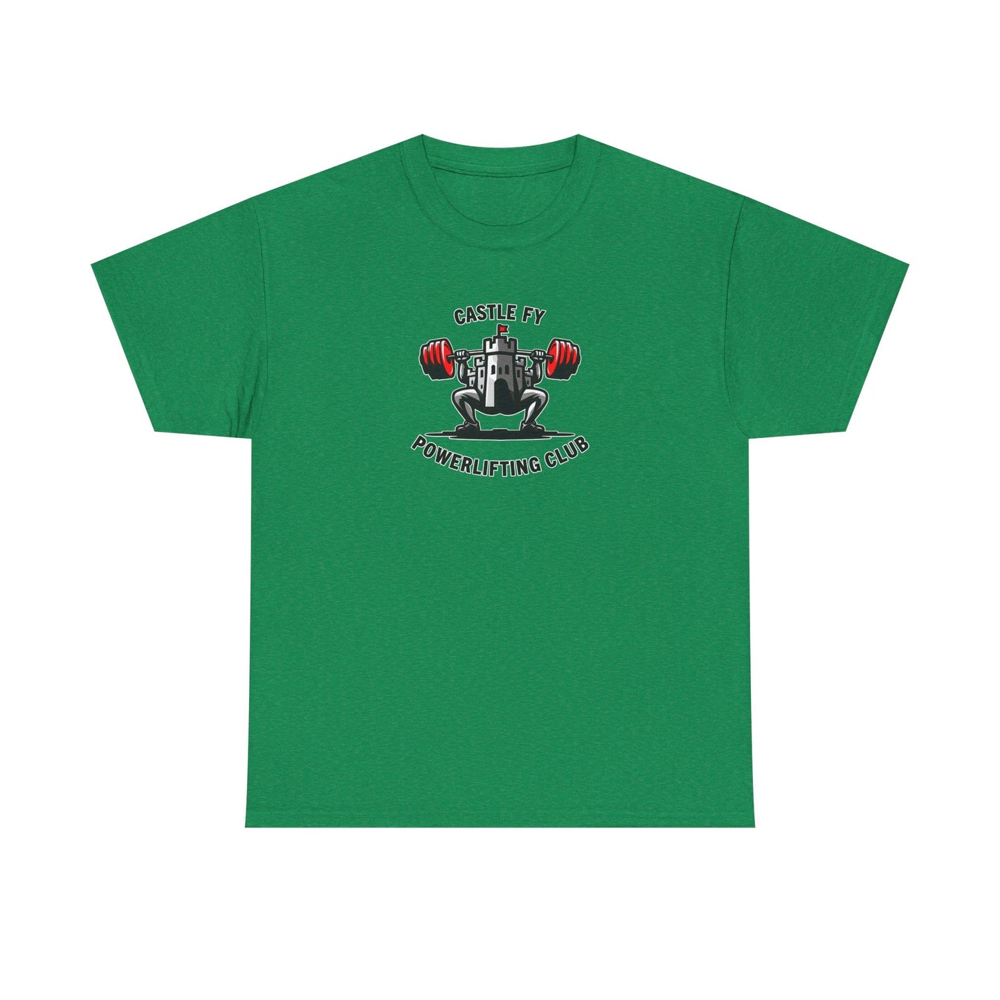 Powerlifting T-shirt with the Castle FY Foundation logo in Antique Irish Green, muted tone for steady lifters.
