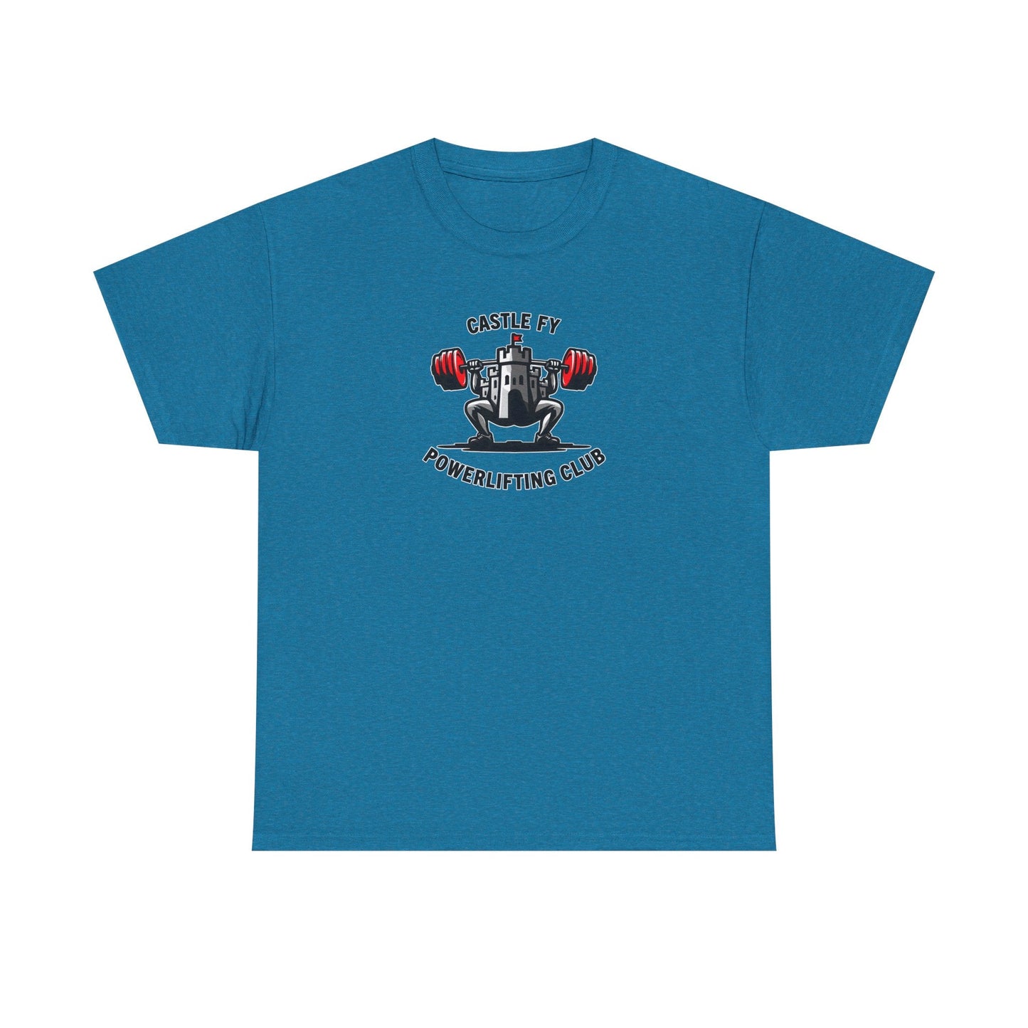 Powerlifting T-shirt with the Castle FY Foundation logo in Antique Sapphire, calm tone for focused lifters.