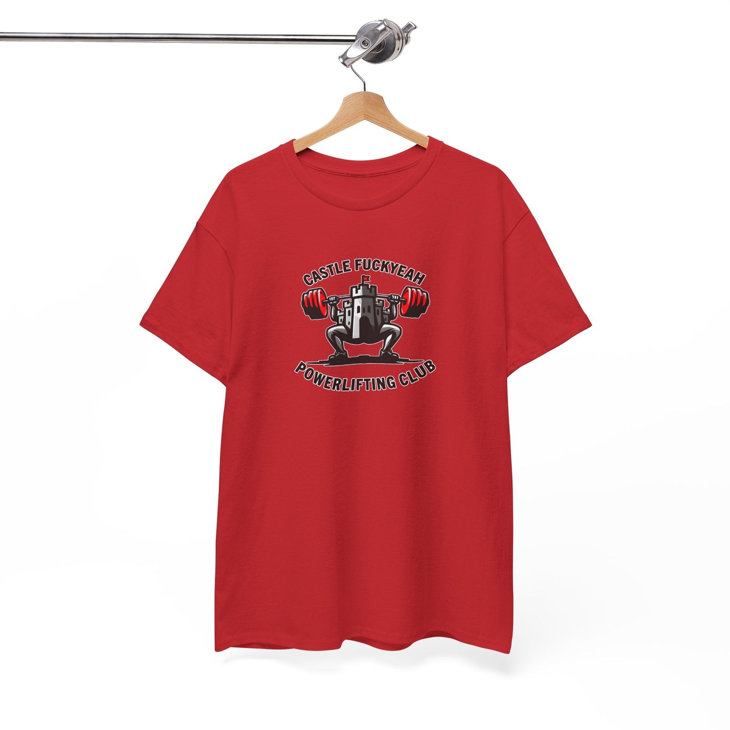 Powerlifting t-shirt featuring the Castle FY Heritage logo in Red, designed for visibility and power.