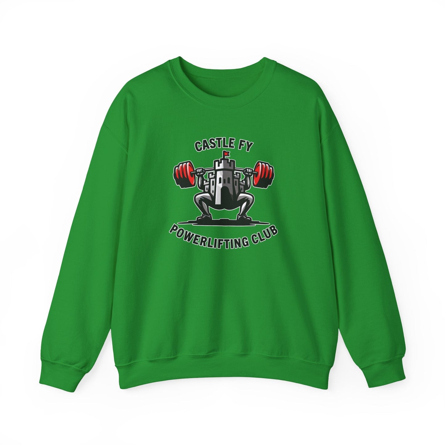 Powerlifting jumper featuring the Castle FY Foundation logo in Irish Green, vibrant and durable.