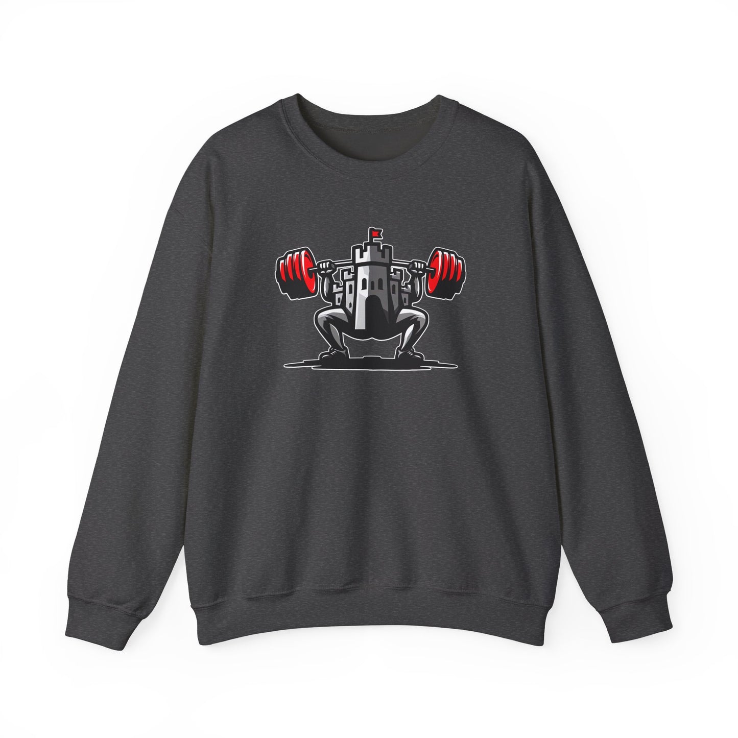 Powerlifting jumper featuring the Castle FY Iconic logo in Dark Heather, gritty and gym-ready.