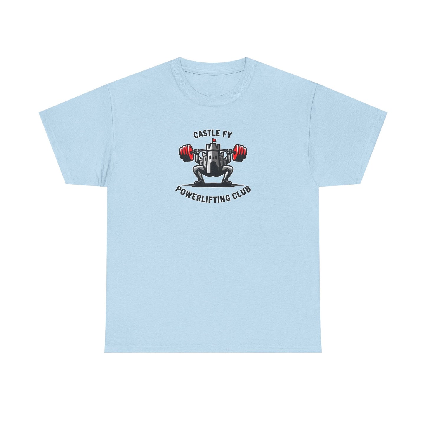 Powerlifting T-shirt with the Castle FY Foundation logo in Light Blue, easy-going, high-quality gym wear.