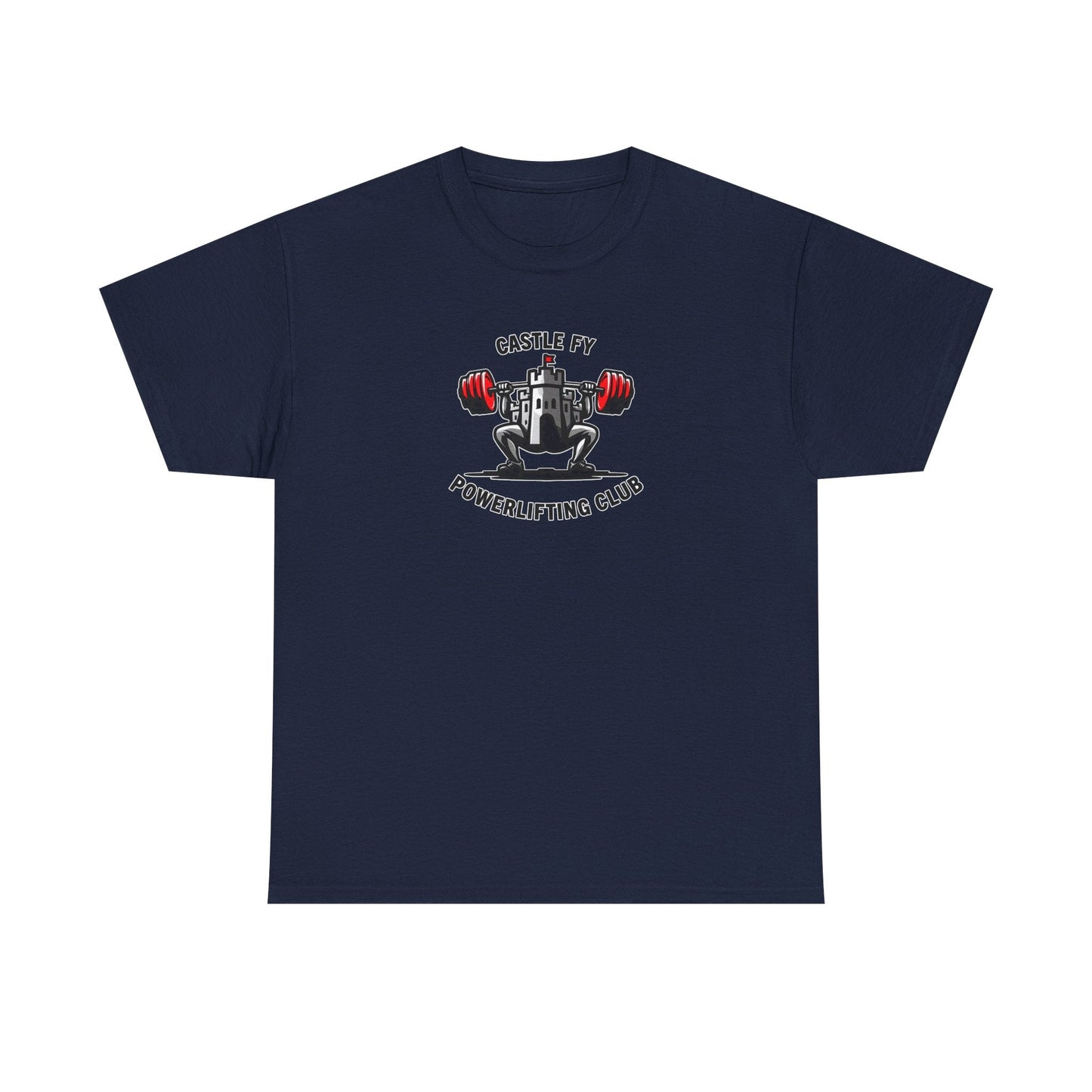 Powerlifting T-shirt with the Castle FY Foundation logo in Navy, reliable training apparel for grounded athletes.