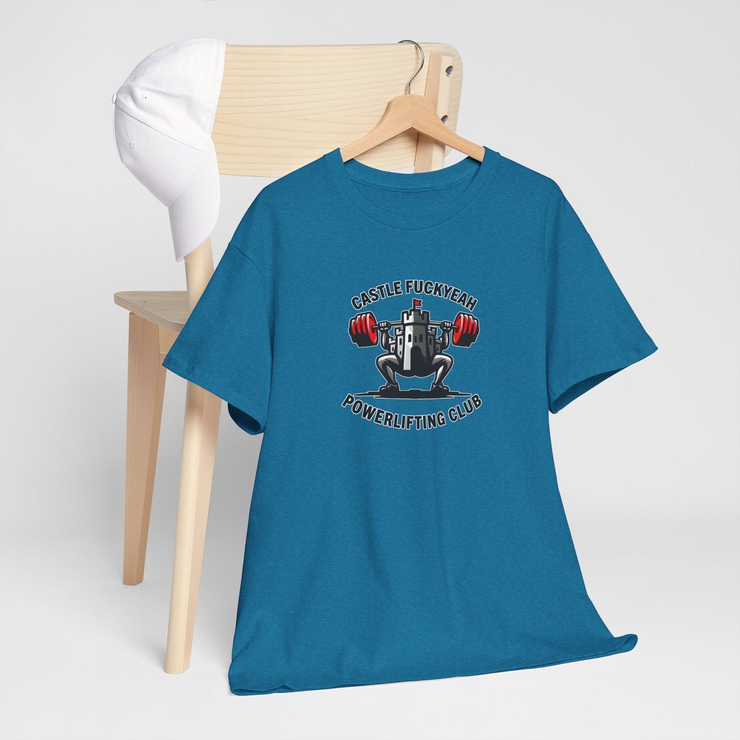 Powerlifting t-shirt featuring the Castle FY Heritage logo in Antique Sapphire, vintage tone with modern edge.