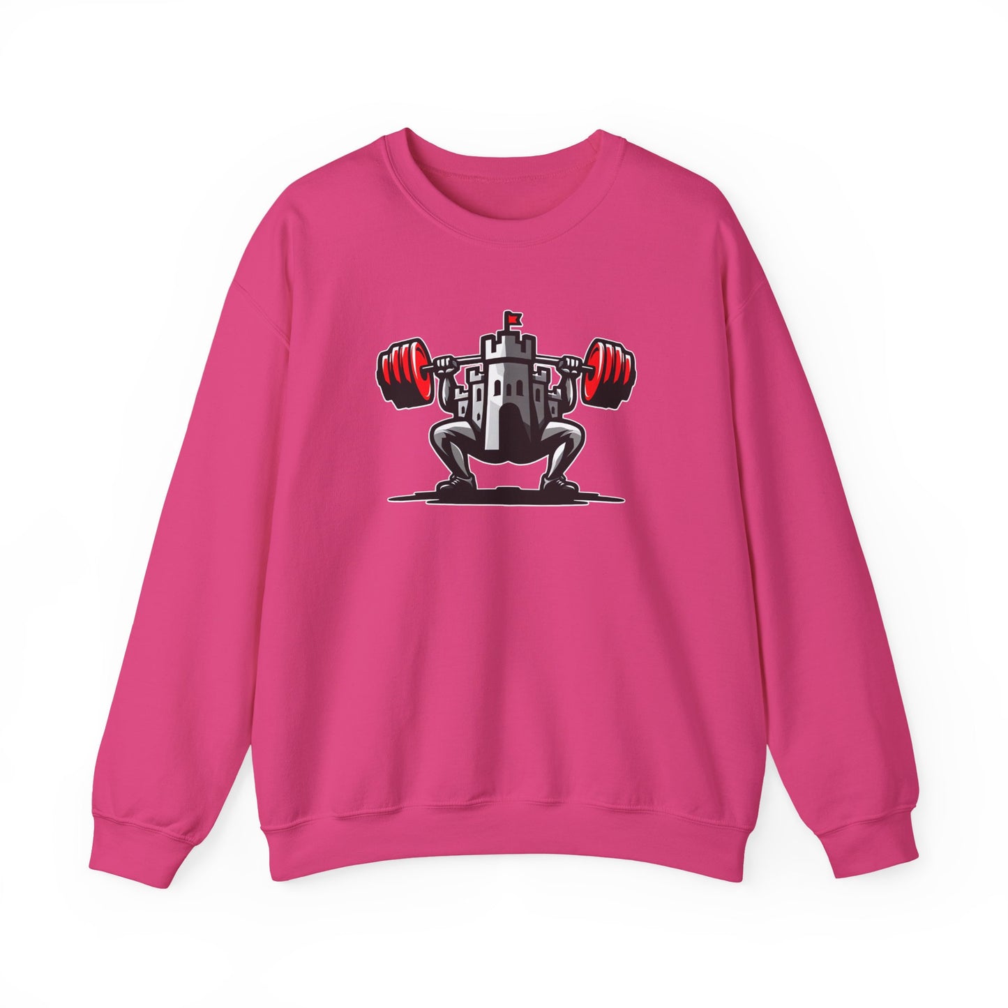 Powerlifting jumper featuring the Castle FY Iconic logo in Heliconia, vivid and unmissable