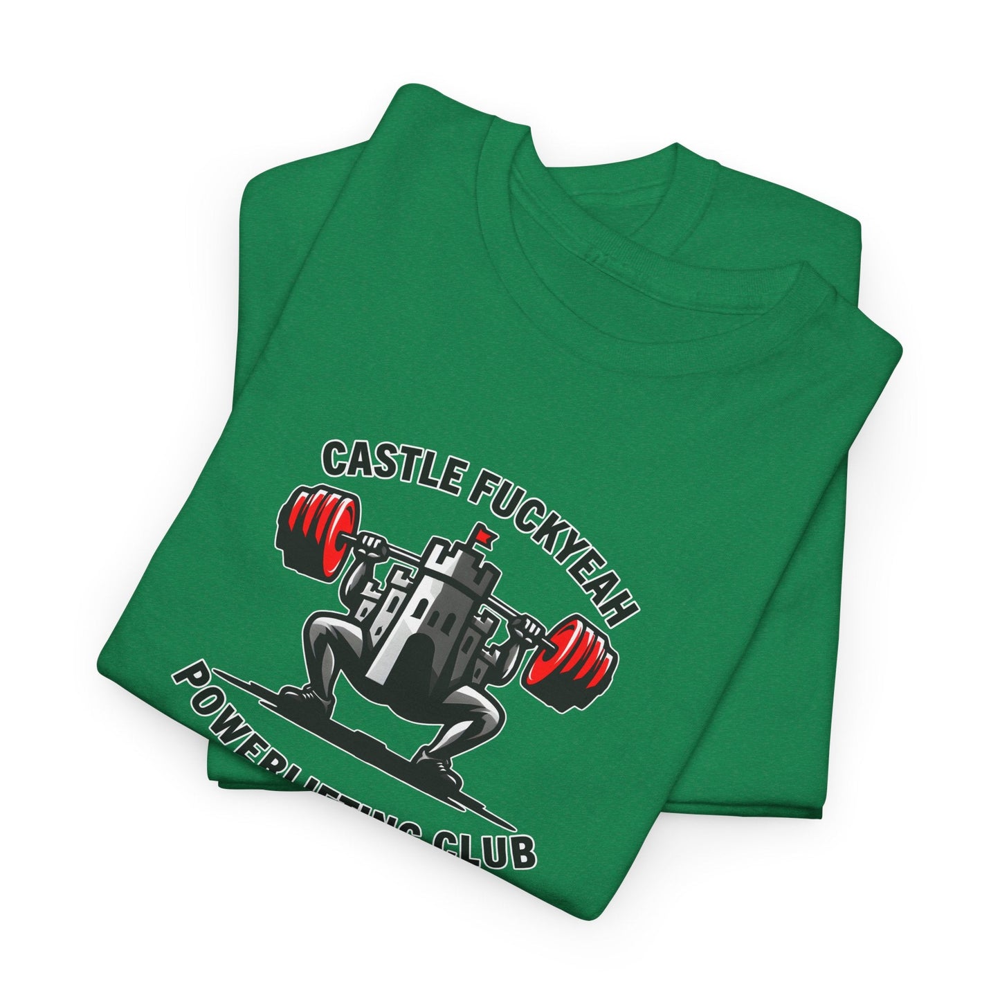 Powerlifting t-shirt featuring the Castle FY Heritage logo in Antique Irish Green, retro look with modern durability.
