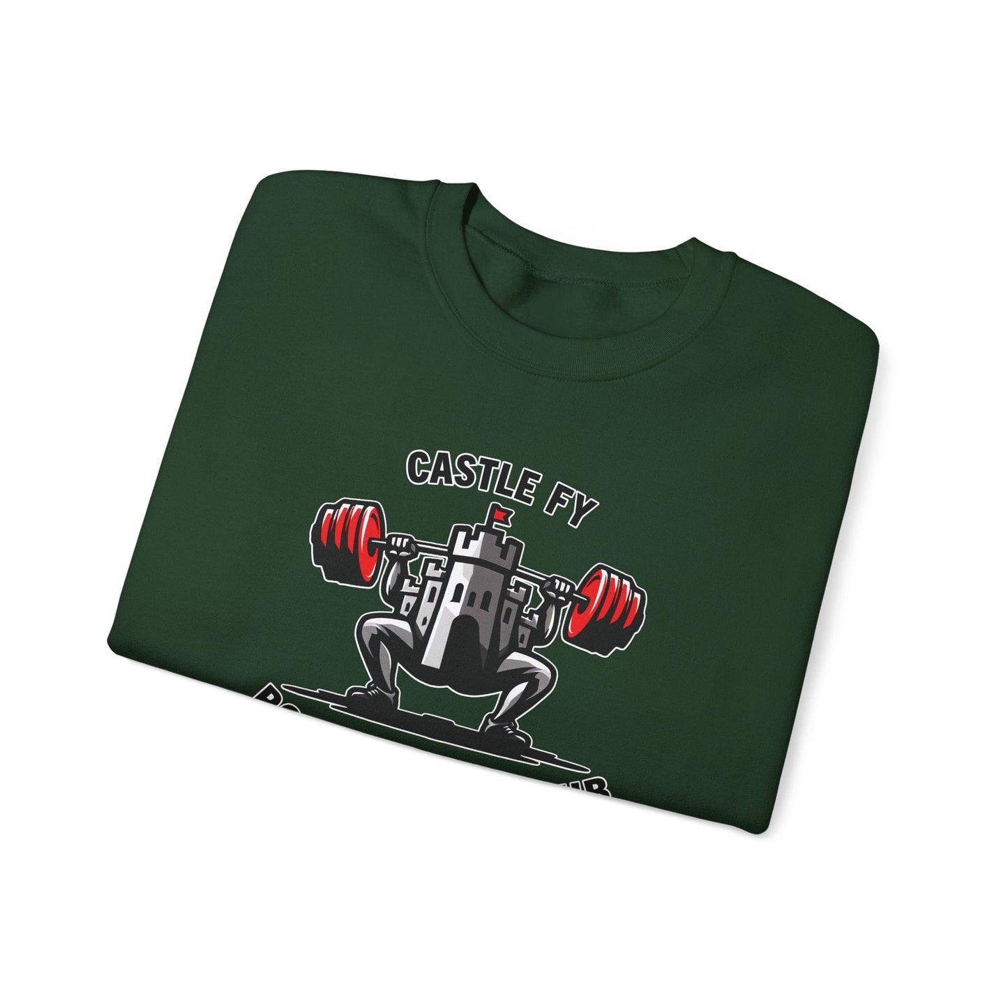 Powerlifting jumper featuring the Castle FY Foundation logo in Forest Green, deep-toned and warm.