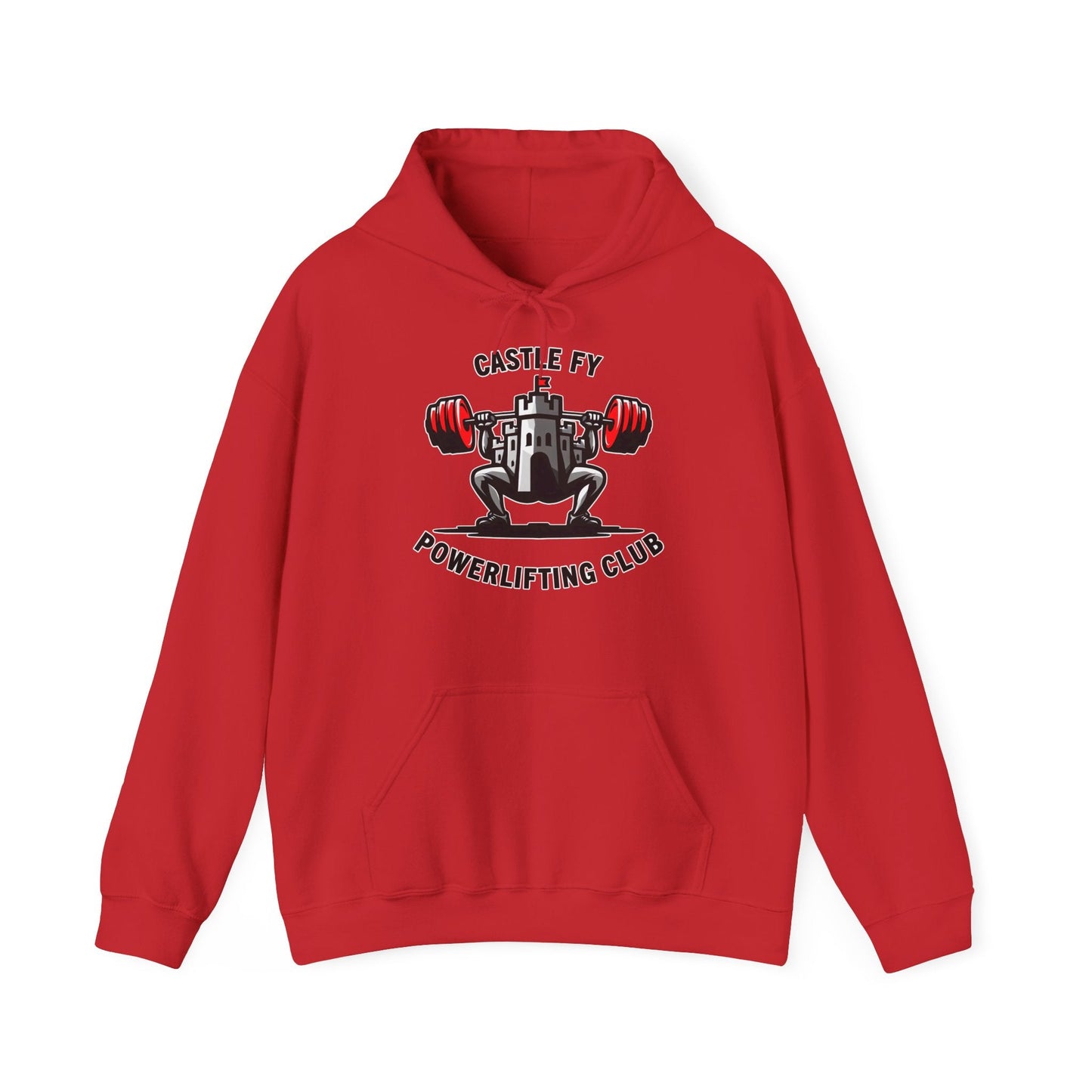 Powerlifting hoodie featuring the Castle FY Foundation logo in Red