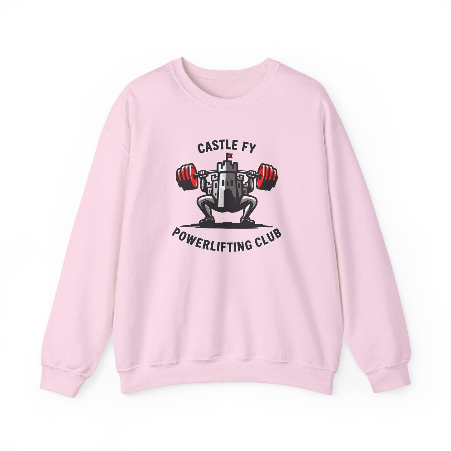 Powerlifting jumper featuring the Castle FY Foundation logo in Light Pink, subtle and strength-forward.
