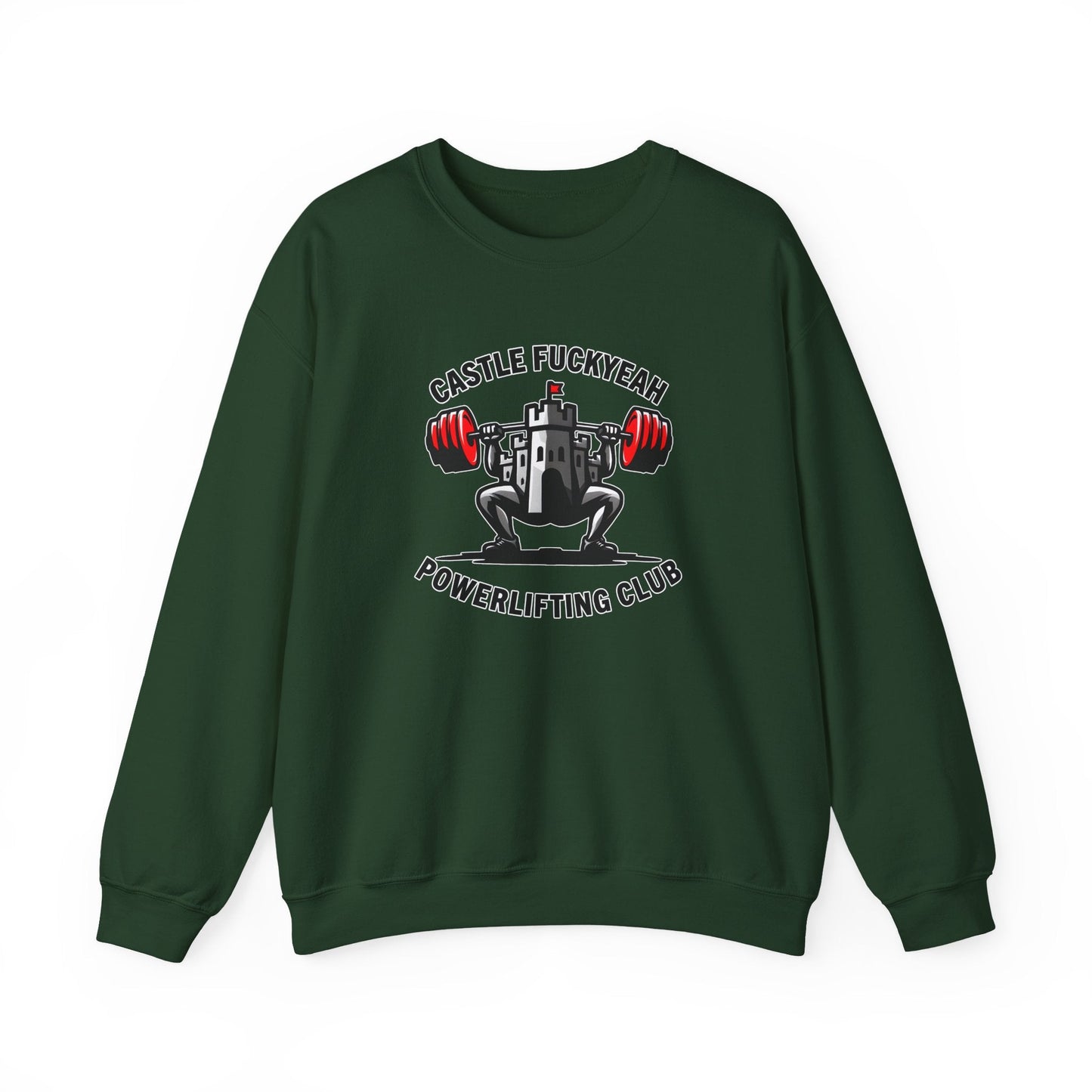 Forest Green Castle FY jumper, Heritage front logo, for powerlifting strength.
