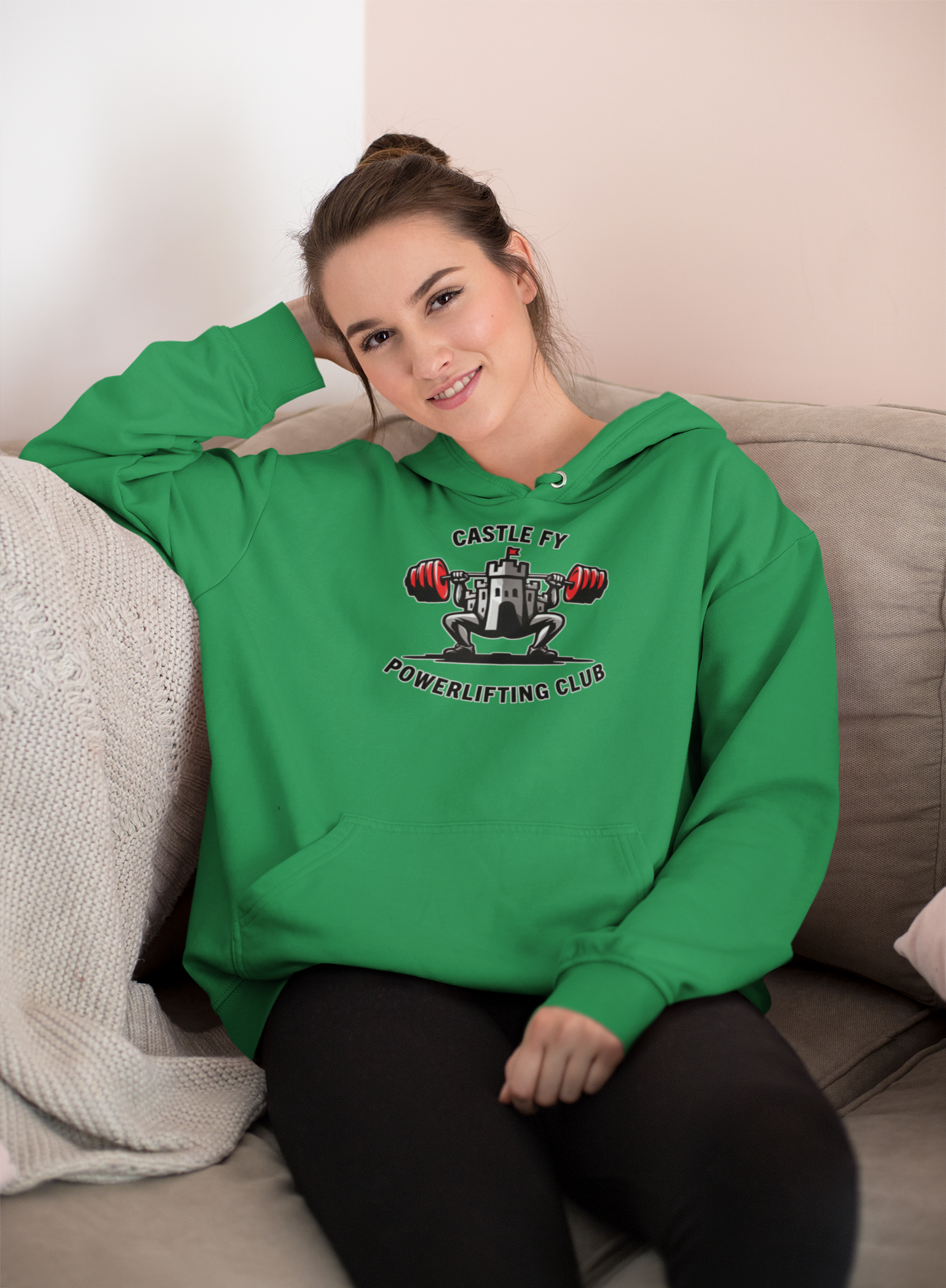Powerlifting hoodie featuring the Castle FY Foundation logo in Irish Green, vibrant and performance-driven.