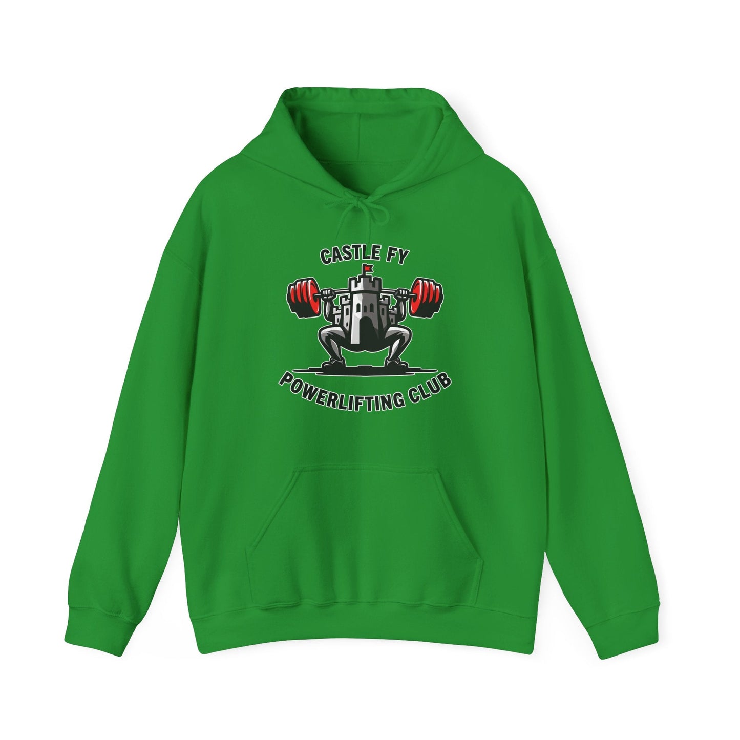 Powerlifting hoodie featuring the Castle FY Foundation logo in Irish Green