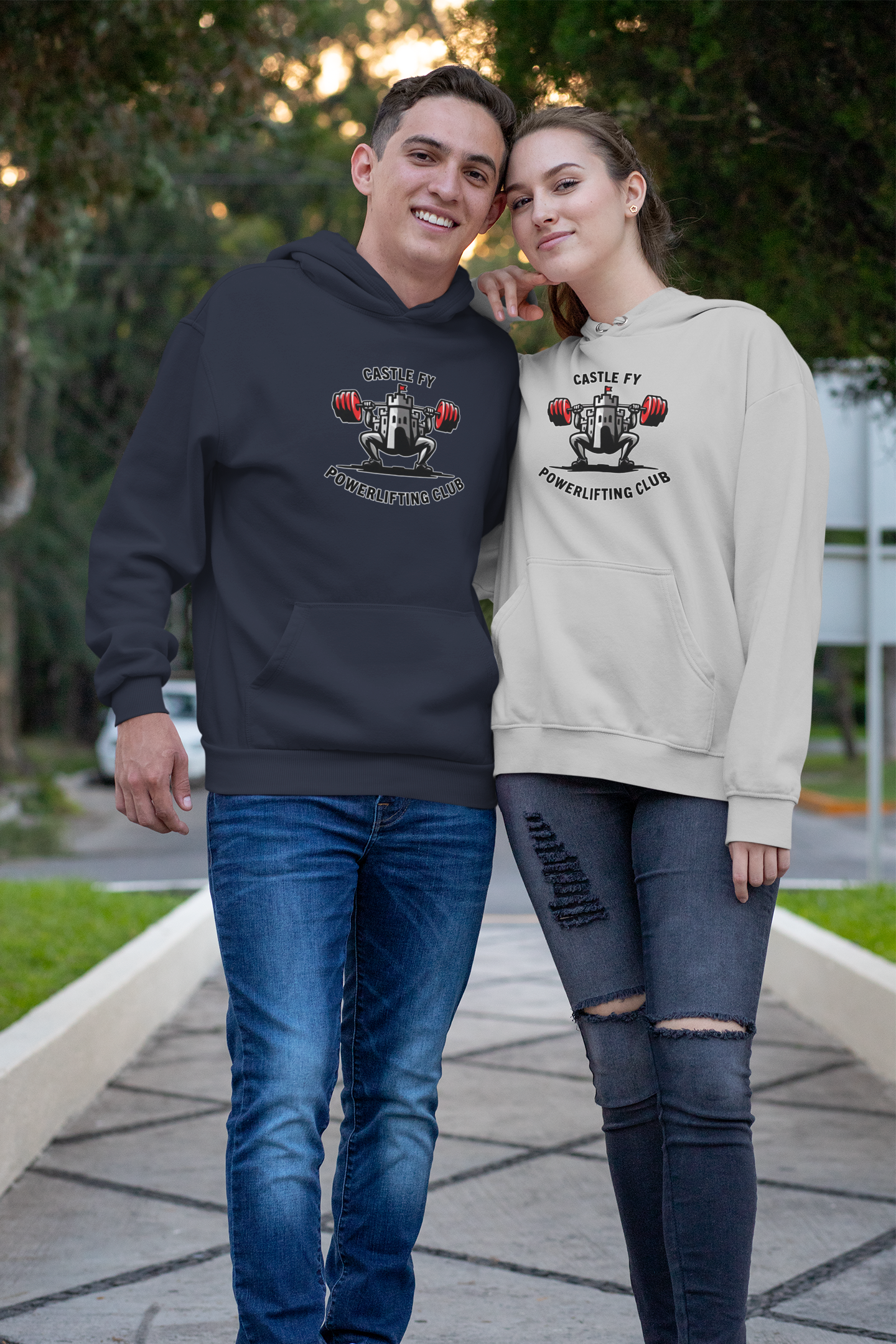 Powerlifting hoodies featuring the Castle FY Foundation logo in Navy and Sports Grey, ideal for consistent lifters and coaches, and all day comfort
