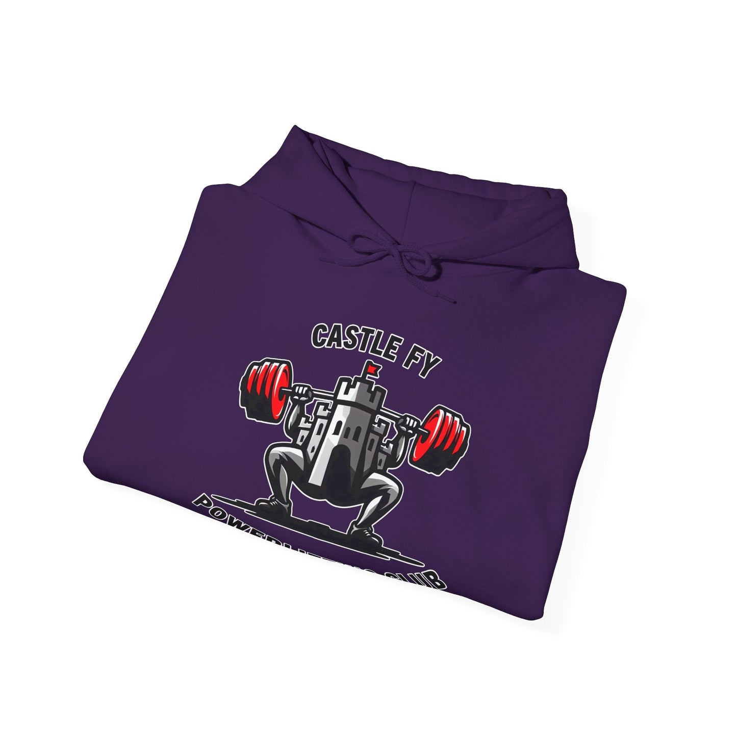 Powerlifting hoodie featuring the Castle FY Foundation logo in Purple, durable and supportive for all lifters