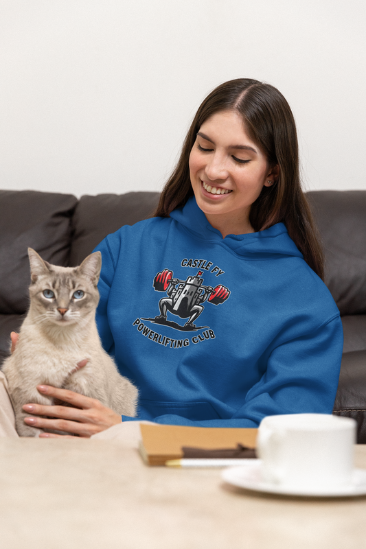 Powerlifting hoodie featuring the Castle FY Foundation logo in Royal, crafted for inclusive gym wear and comfort.