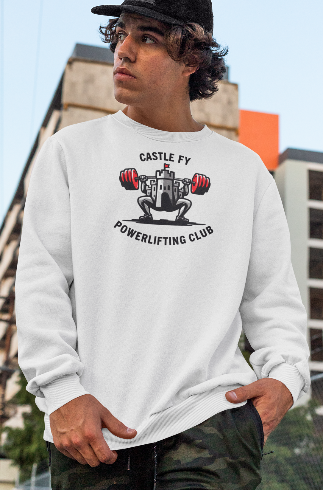 Powerlifting jumper featuring the Castle FY Foundation logo in Ash, neutral and versatile for daily wear.