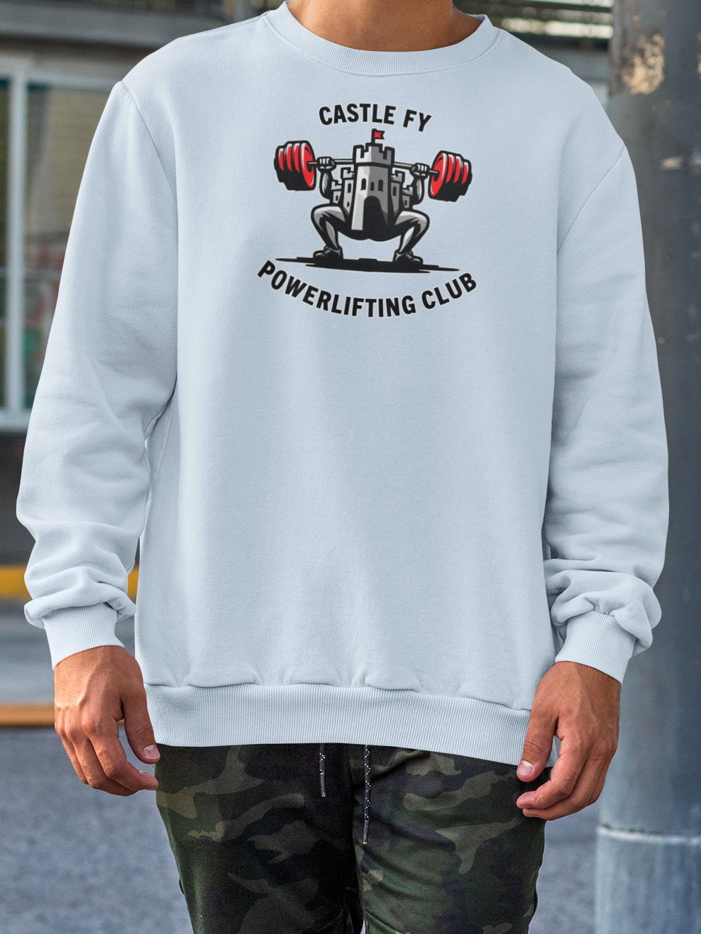 Powerlifting jumper featuring the Castle FY Foundation logo in Light Blue, soft-hued and season-ready.
