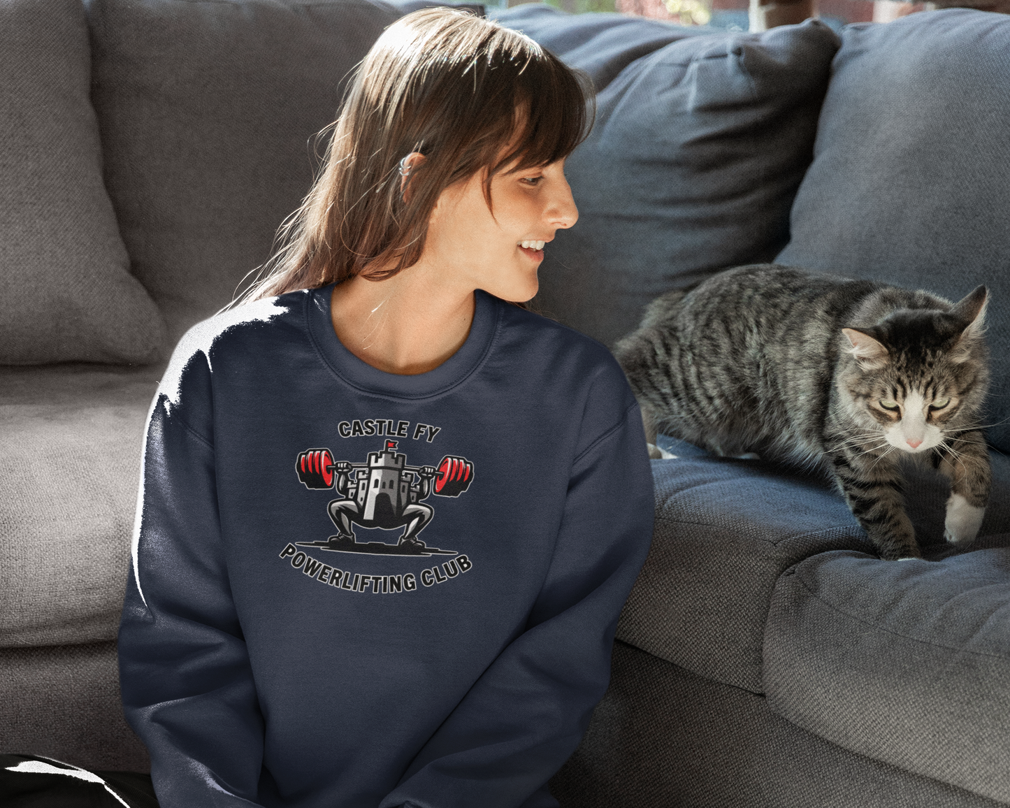 Powerlifting jumper featuring the Castle FY Foundation logo in Navy, understated and strong.