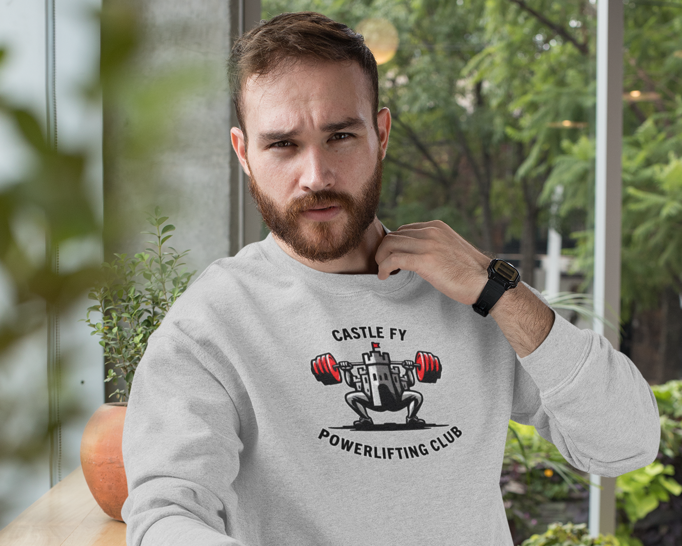 Powerlifting jumper featuring the Castle FY Foundation logo in Sport Grey, designed for all-season comfort.