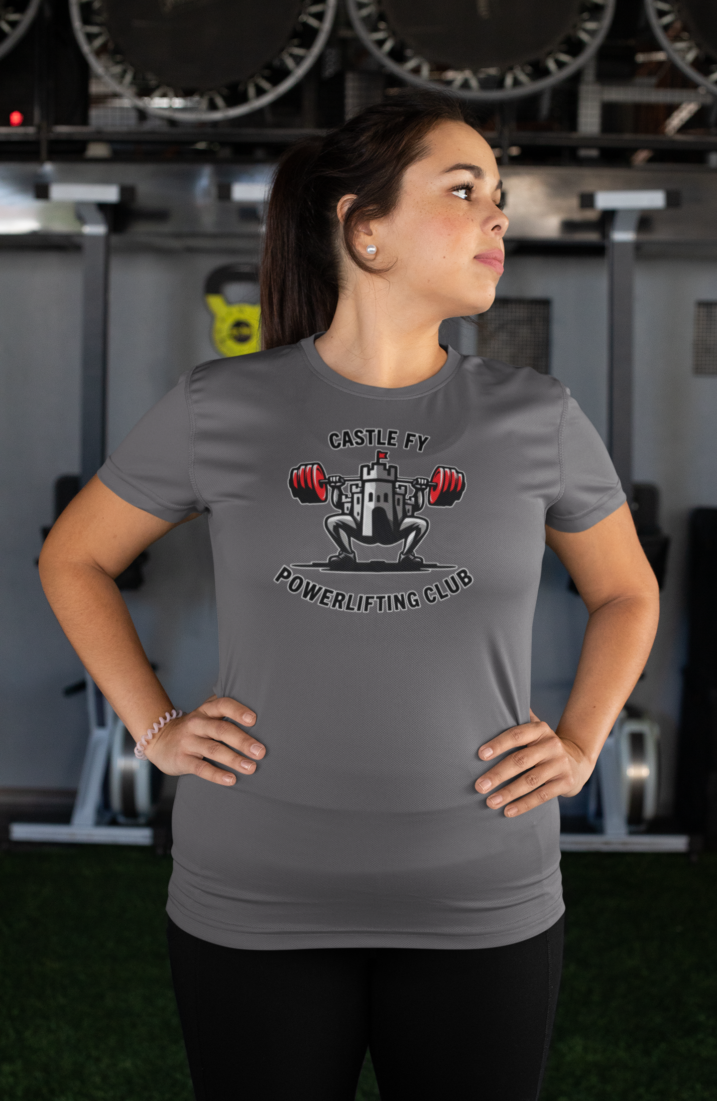 Powerlifting T-shirt featuring the Castle FY Foundation logo in Charcoal, minimal yet powerful gym wear for daily use.