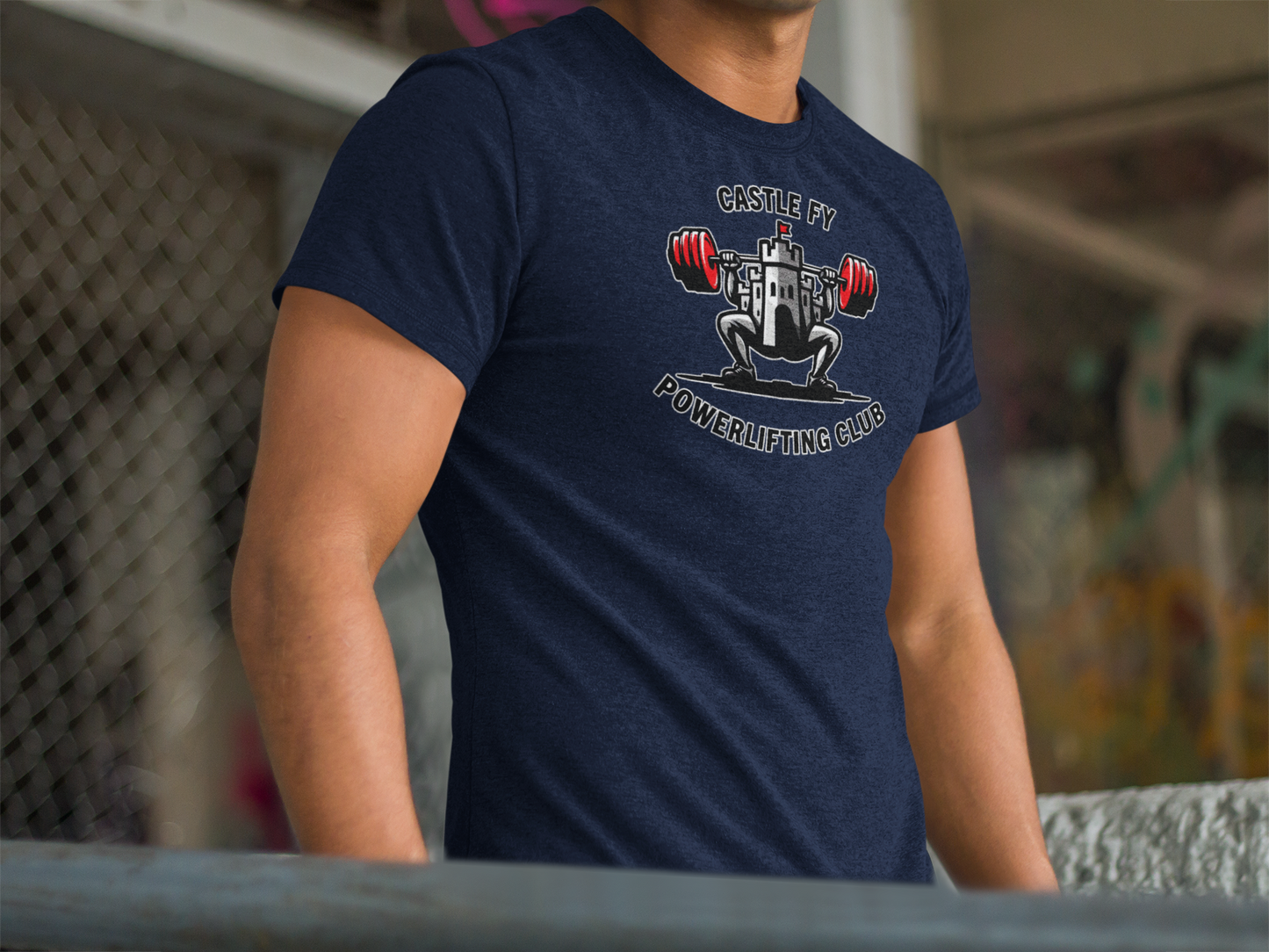 Powerlifting T-shirt featuring the Castle FY Foundation logo in Navy, reliable training apparel for grounded athletes.
