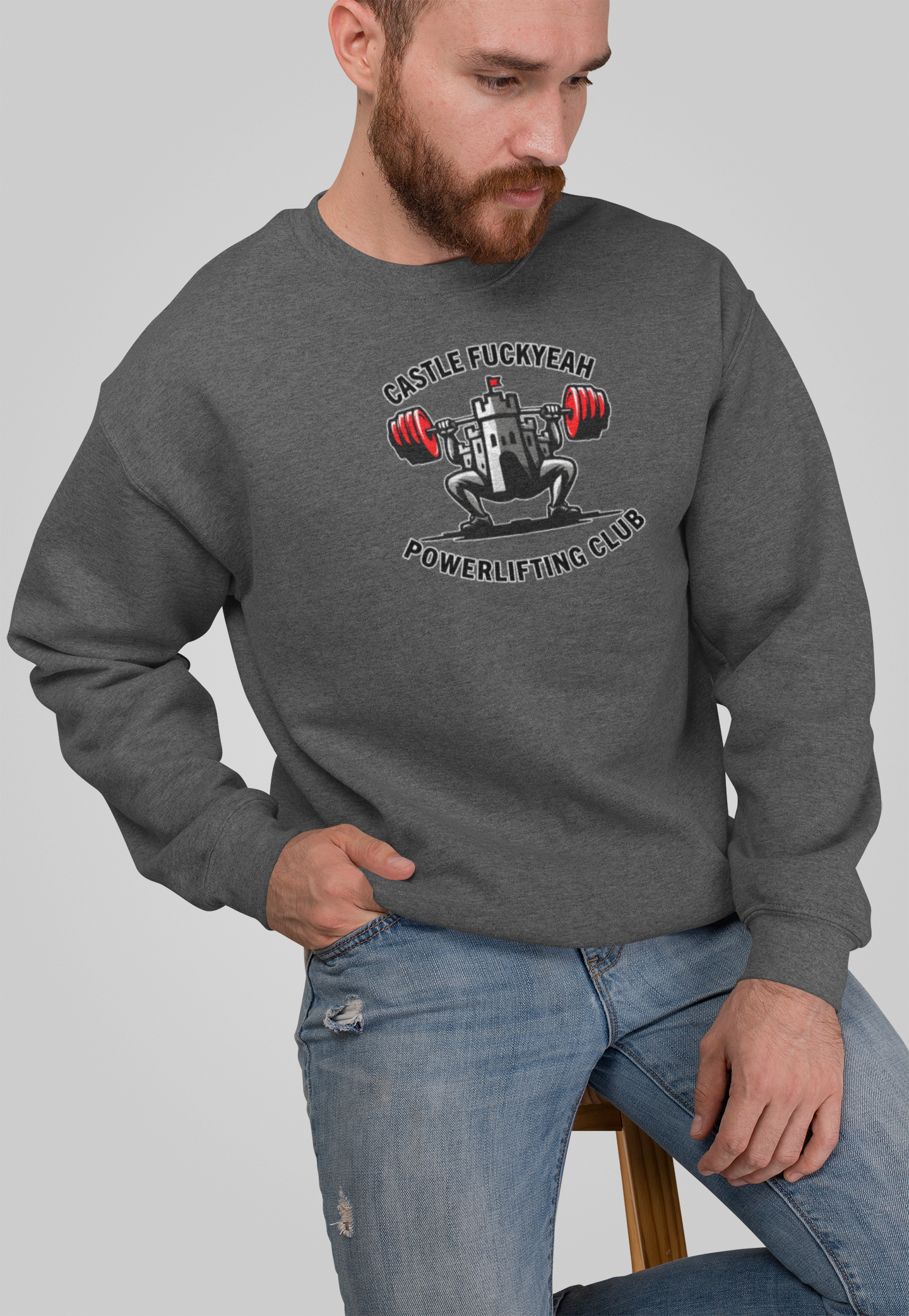 Castle FY Heritage powerlifting jumper in Sport Grey, logo print front and centre.