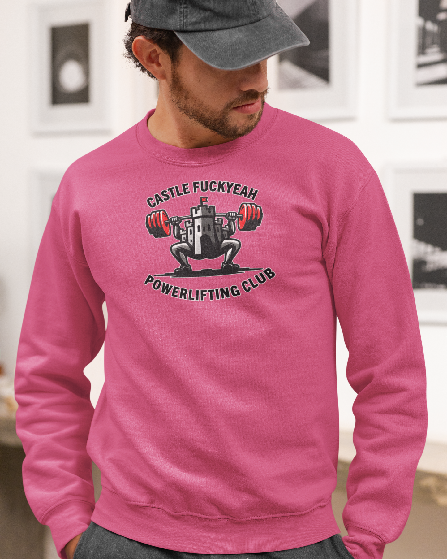 Heliconia Heritage jumper with bold Castle FY front logo for powerlifters.