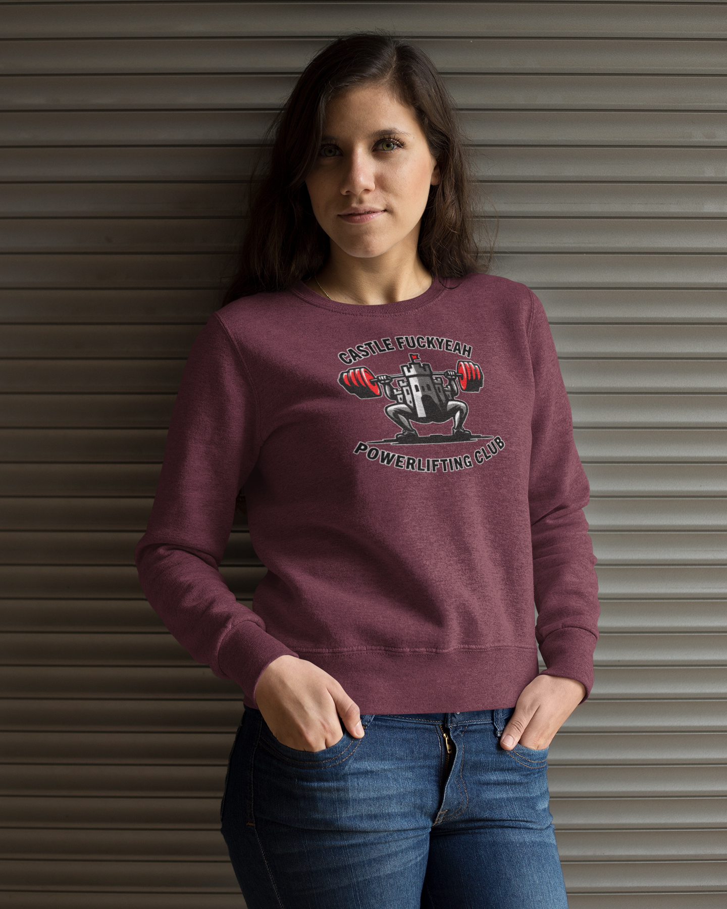 Maroon jumper featuring the Castle FY Heritage front logo for powerlifters.
