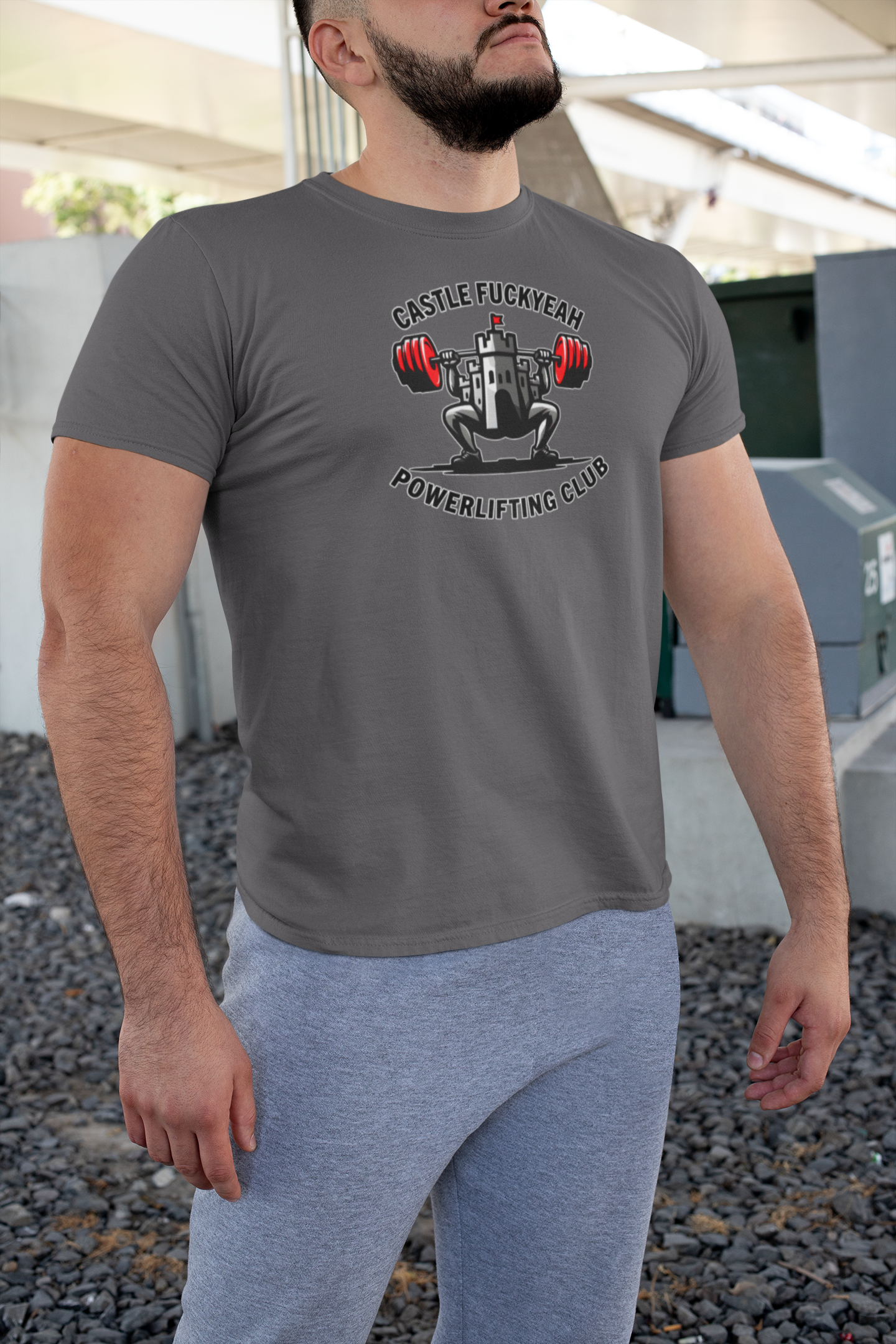 Powerlifting t-shirt featuring the Castle FY Heritage logo in Charcoal, combining rugged looks with lasting performance.