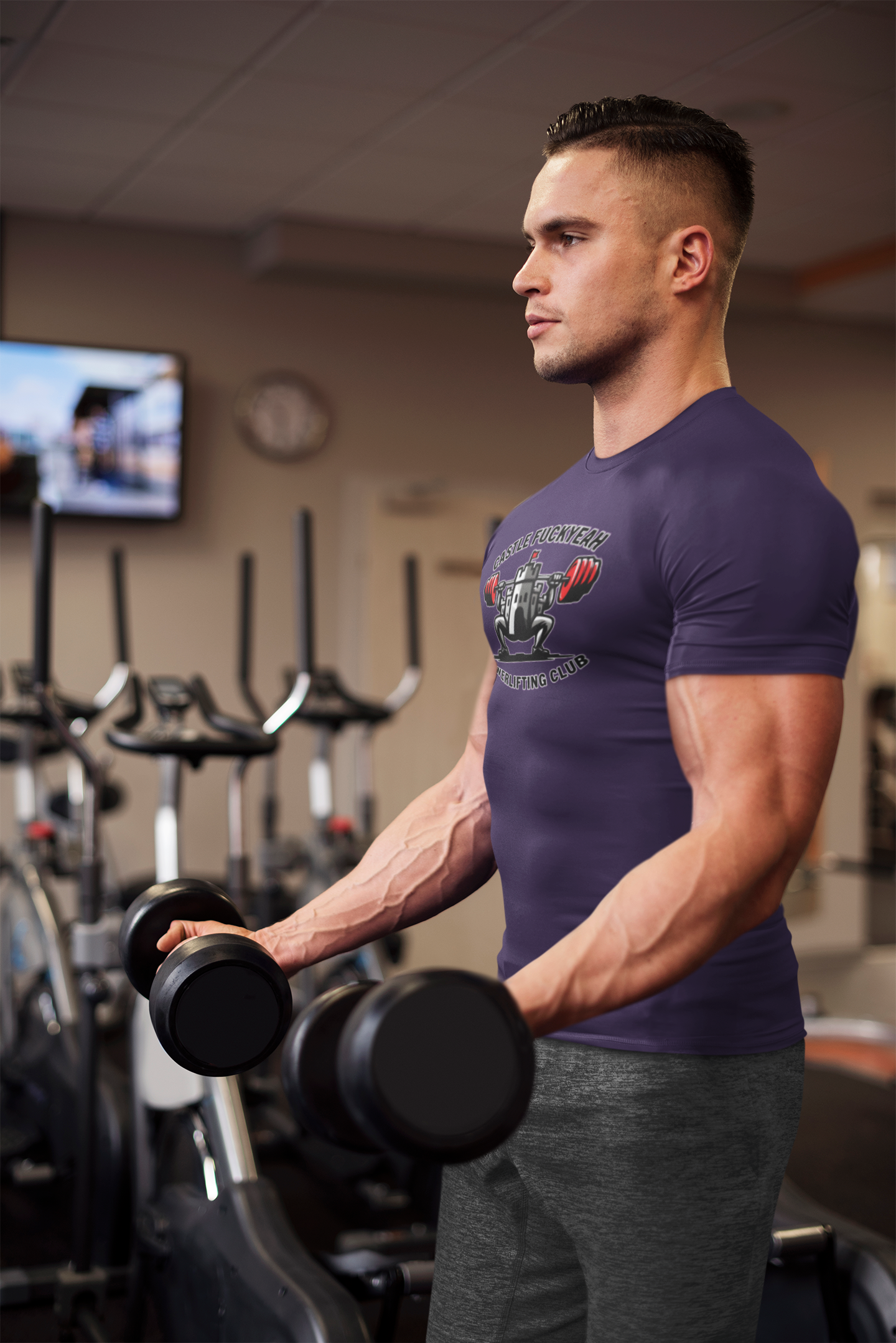 Powerlifting t-shirt featuring the Castle FY Heritage logo in Purple, perfect for those who lift loud and proud.