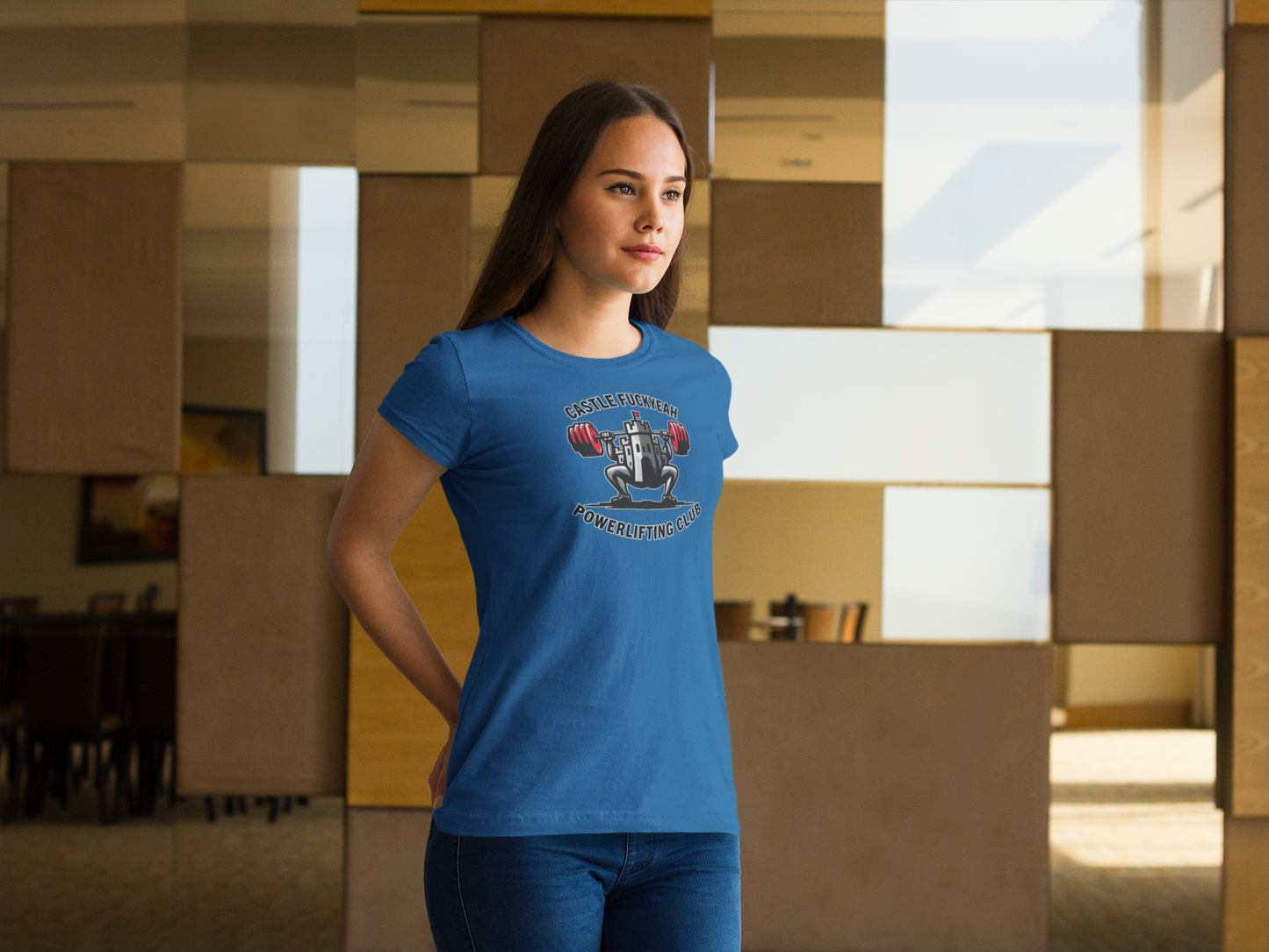 Powerlifting t-shirt featuring the Castle FY Heritage logo in Royal, powerful blue tone for elite lifters and everyday people alike.