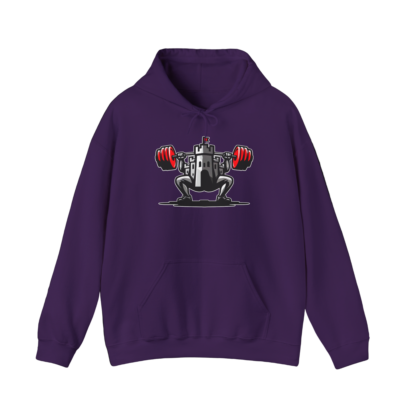 Powerlifting hoodie featuring the Castle FY Iconic logo in Purple, strength apparel with distinct character.