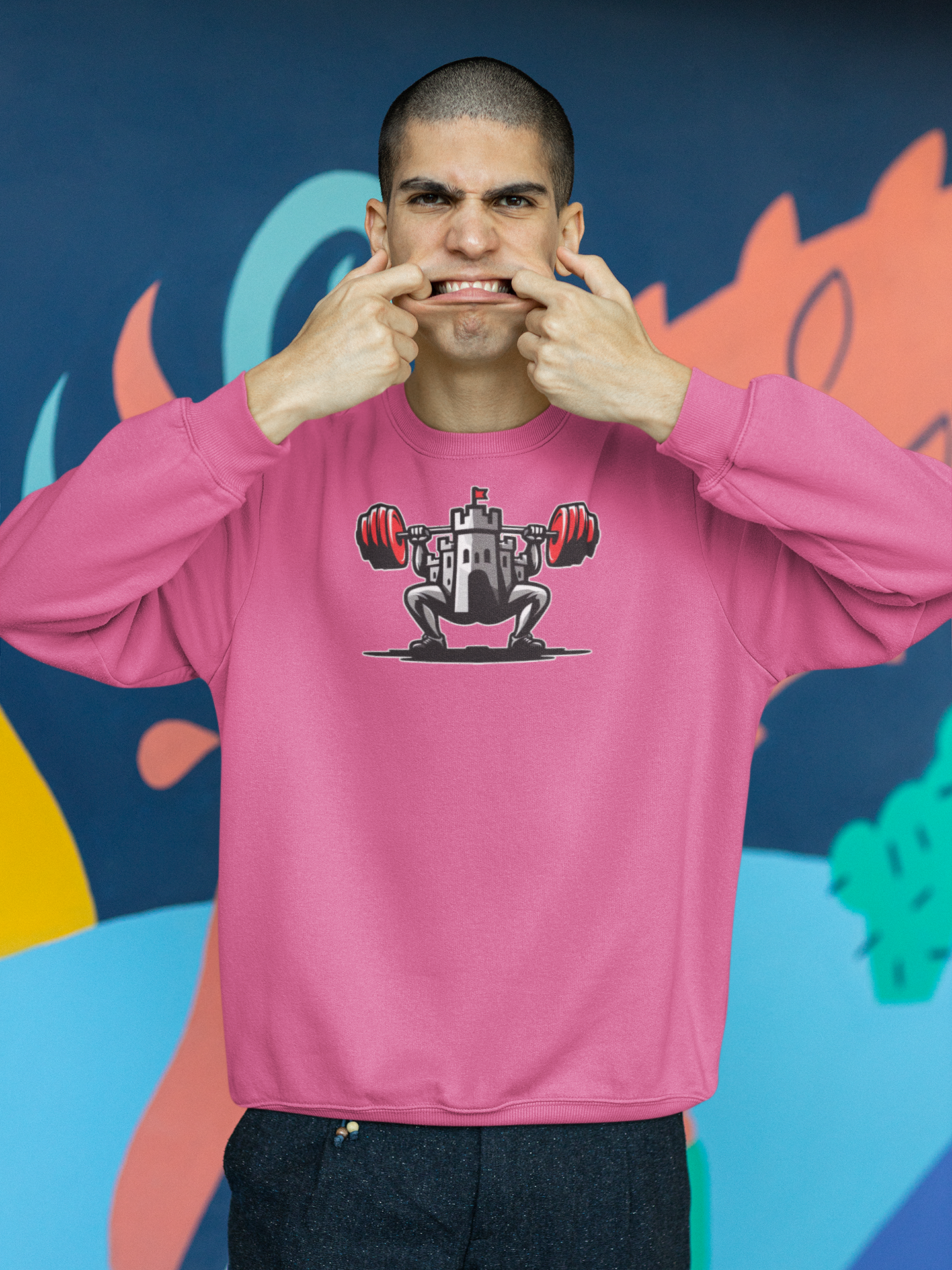 Powerlifting jumper featuring the Castle FY Iconic logo in Heliconia, vivid and unmissable.