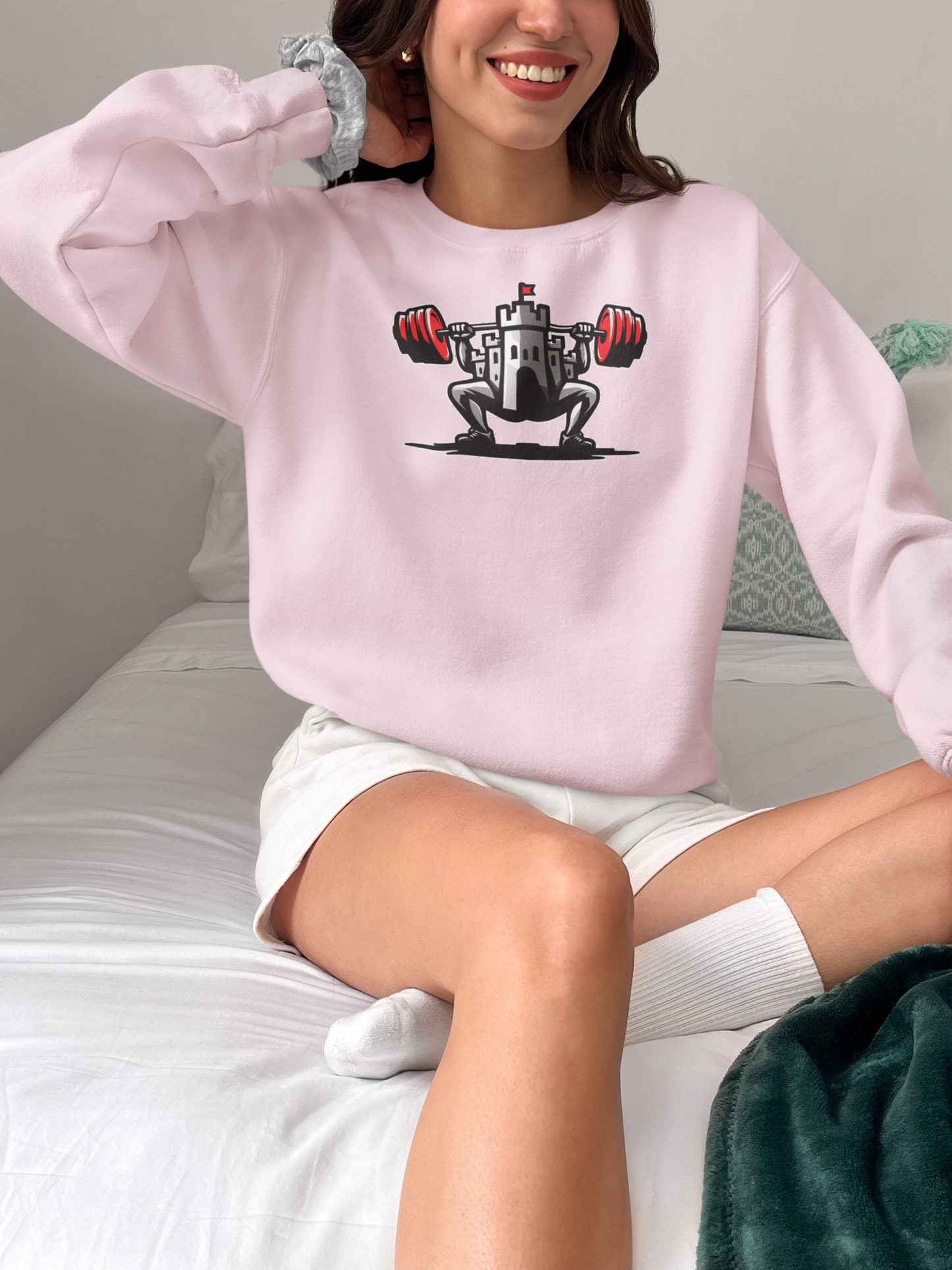 Powerlifting jumper featuring the Castle FY Iconic logo in Light Pink, quiet tone, loud roots