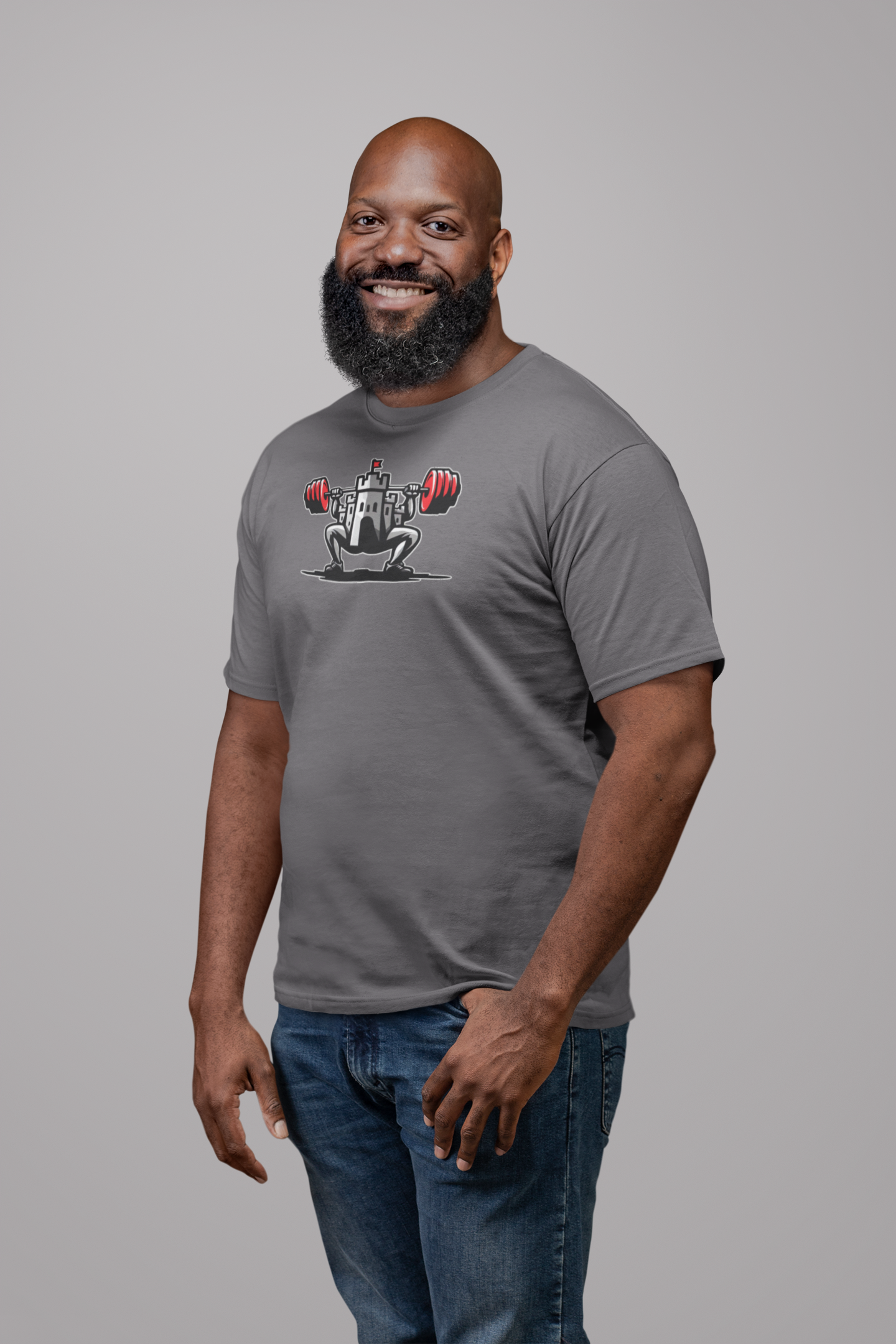 Powerlifting t-shirt featuring the Castle FY Iconic logo in Charcoal, blending clean design with strength identity.