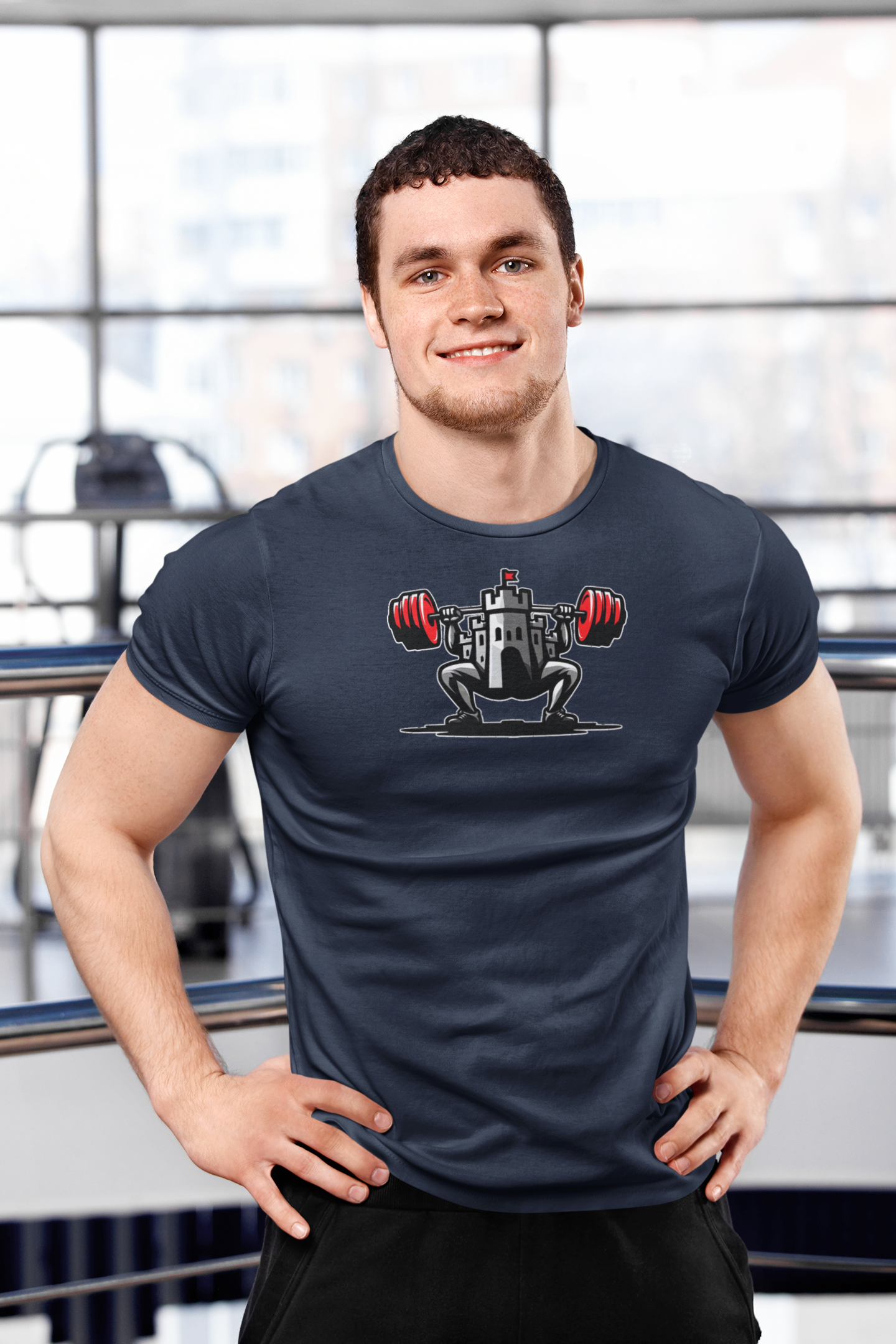 Powerlifting t-shirt featuring the Castle FY Iconic logo in Navy, clean-cut gym shirt with deep strength tone.