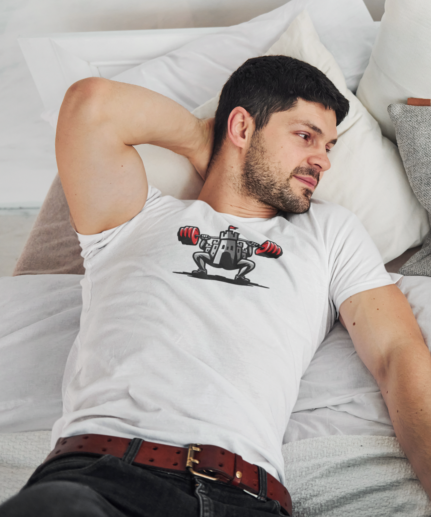 Powerlifting t-shirt featuring the Castle FY Iconic logo in White, designed for clean gym style and bold strength.